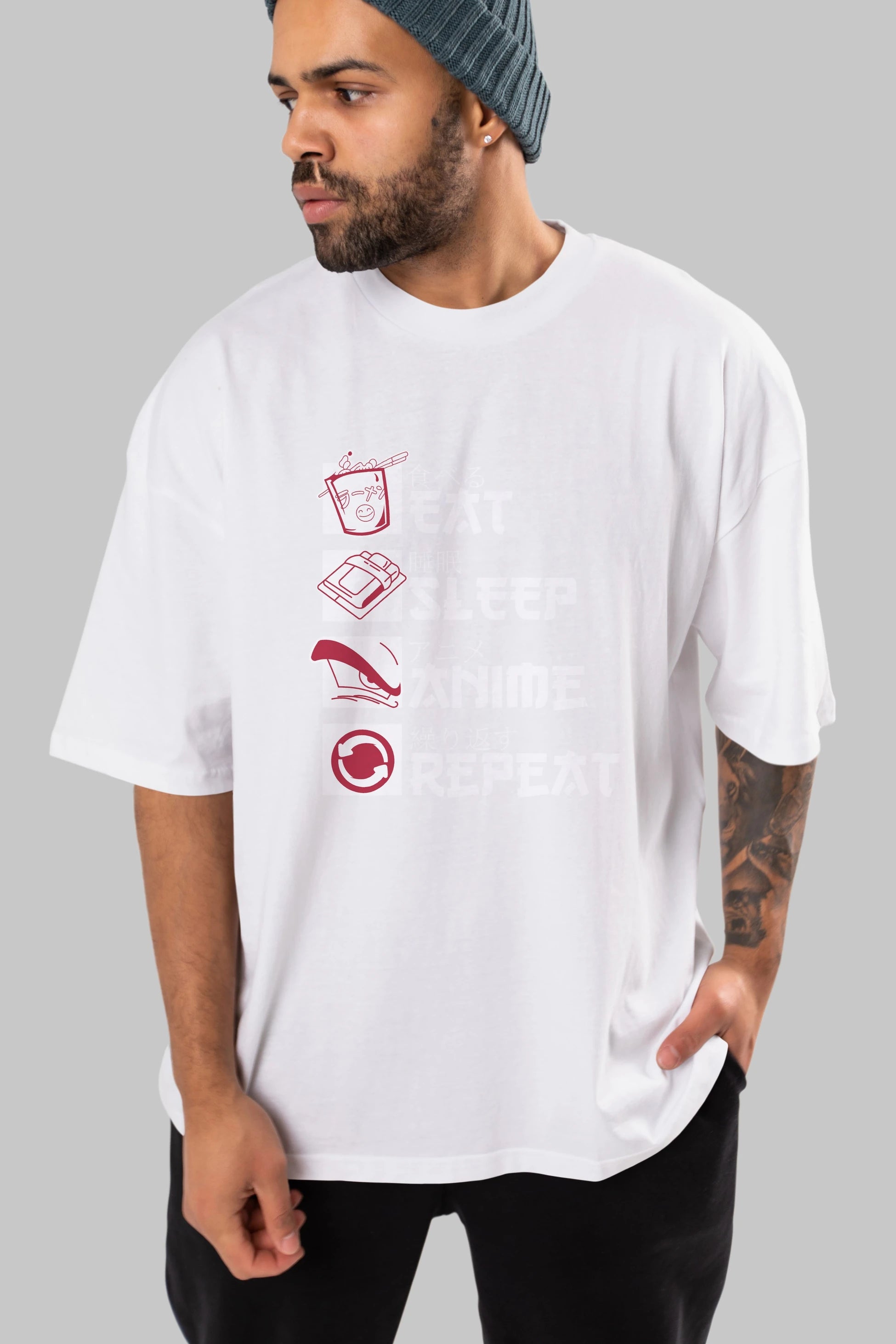 Eat, Sleep, Anime, Repeat Anime Ön Baskılı Oversize t-shirt %100 pamuk Erkek Kadın Unisex