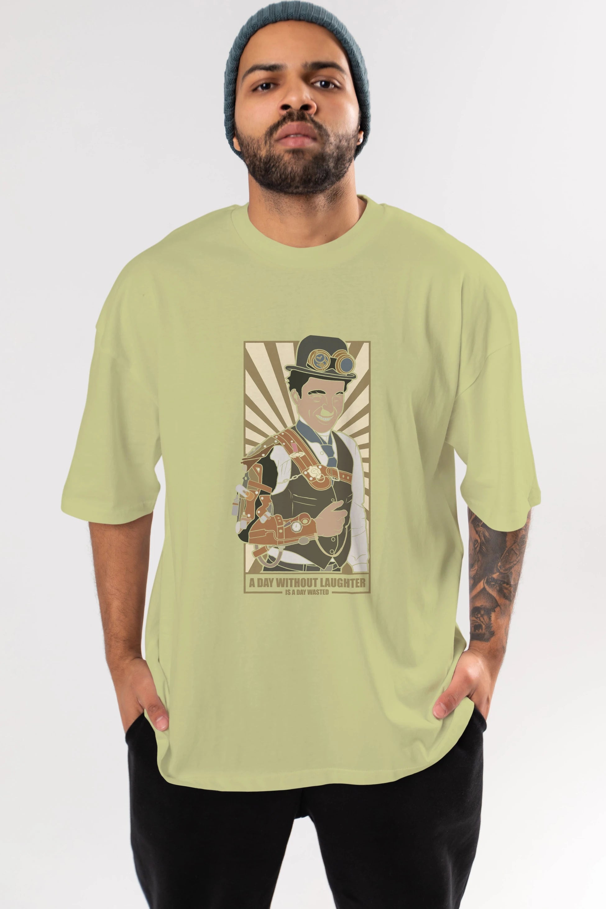 Steampunk Chaplin Ön Baskılı Oversize t-shirt Erkek Kadın Unisex %100 Pamuk tişort