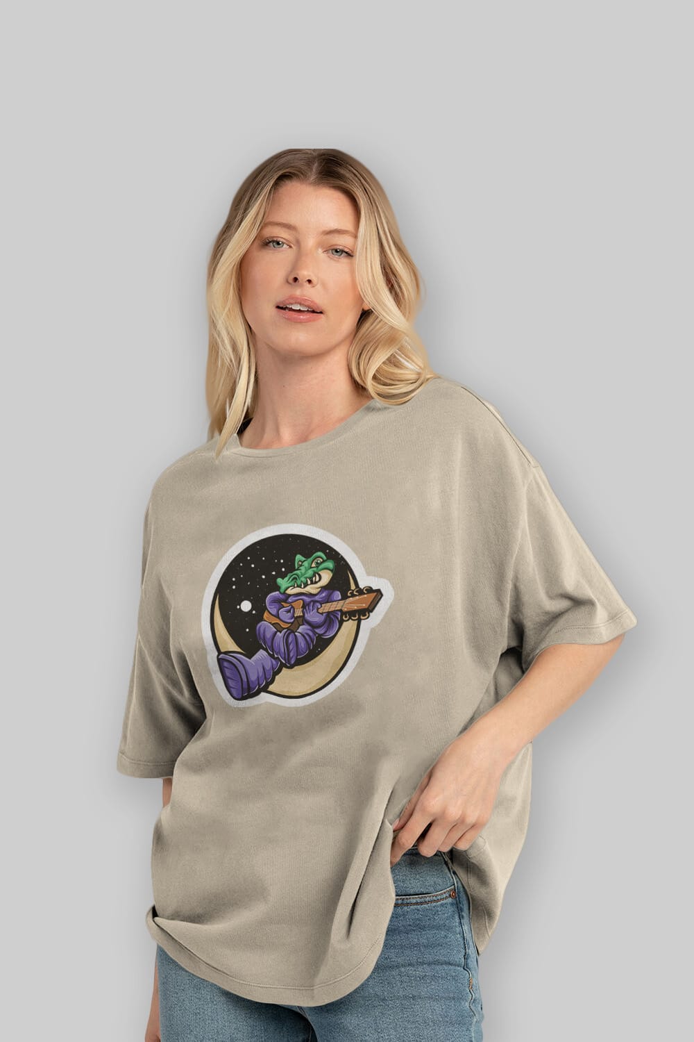 Space Crocodile Sticker Ön Baskılı Oversize t-shirt Erkek Kadın Unisex