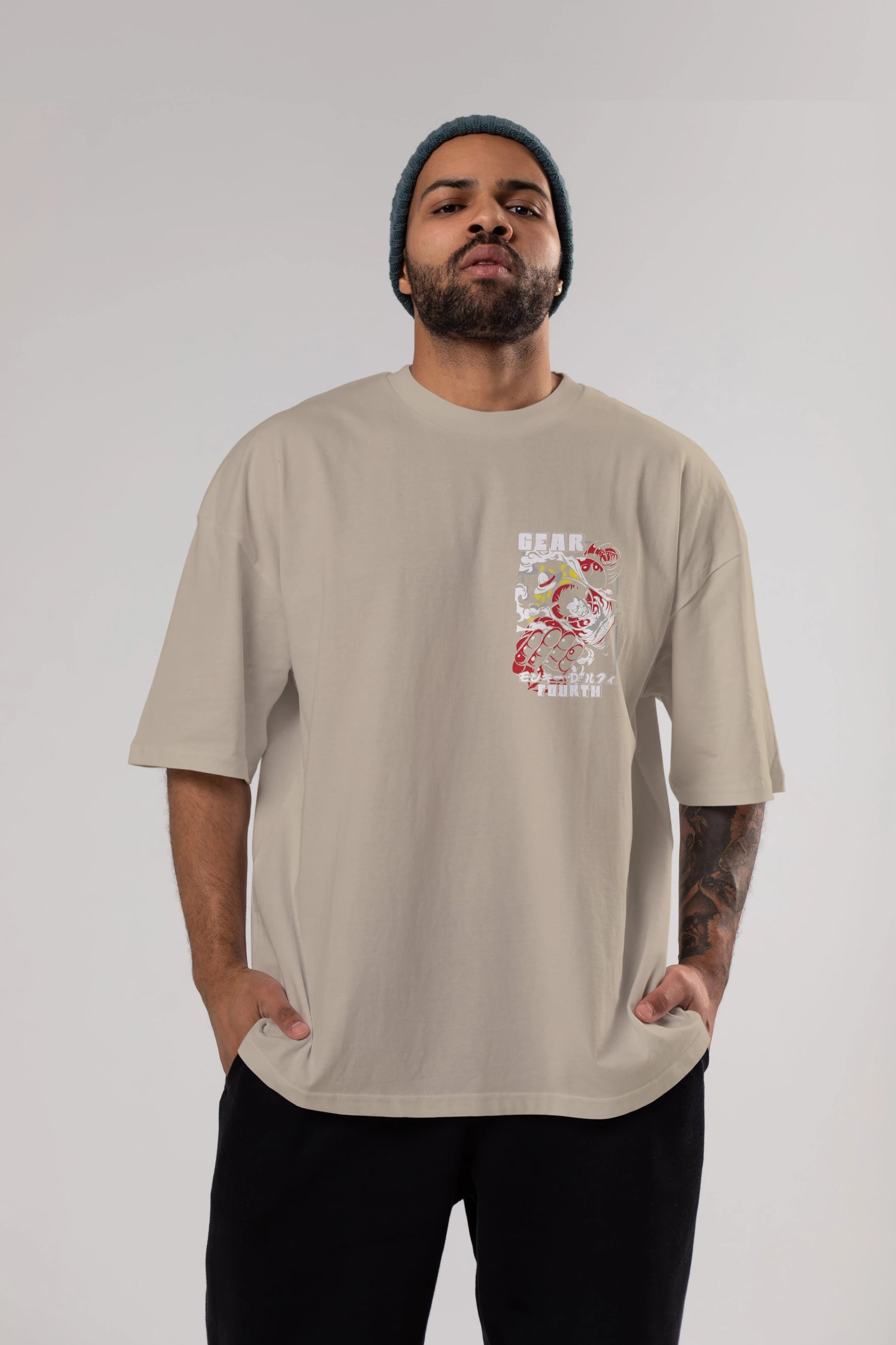 LUFFY gear fourth Ön Sol Baskılı Oversize t-shirt Erkek Kadın Unisex %100 Pamuk Bisiklet Yaka tişort