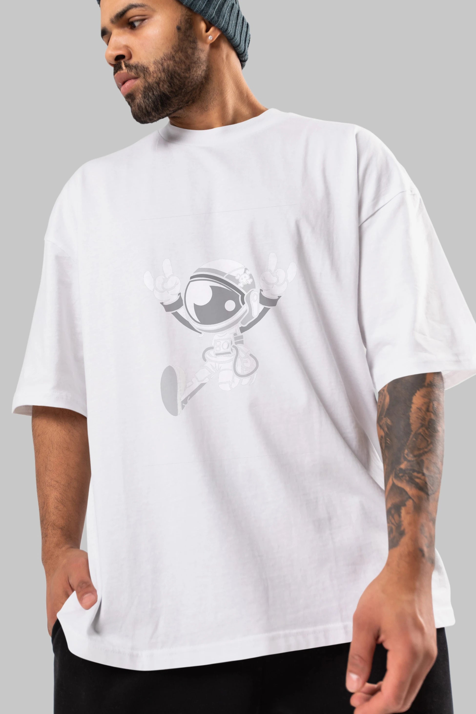 Astronaut Metal Ön Baskılı Oversize t-shirt Erkek Kadın Unisex %100 Pamuk tişort