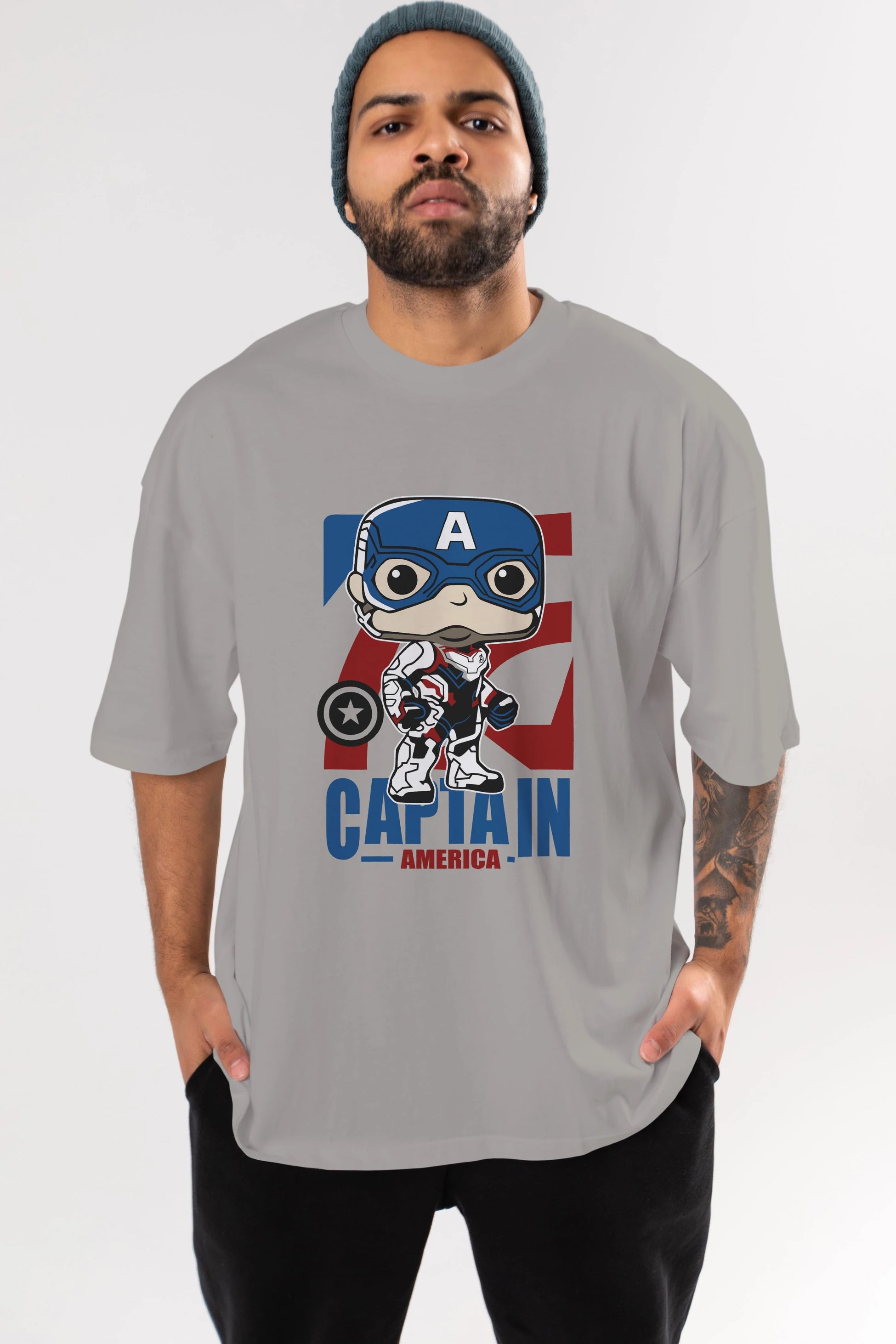 Captain America Ön Baskılı Oversize t-shirt Erkek Kadın Unisex %100 Pamuk Bisiklet Yaka tişort
