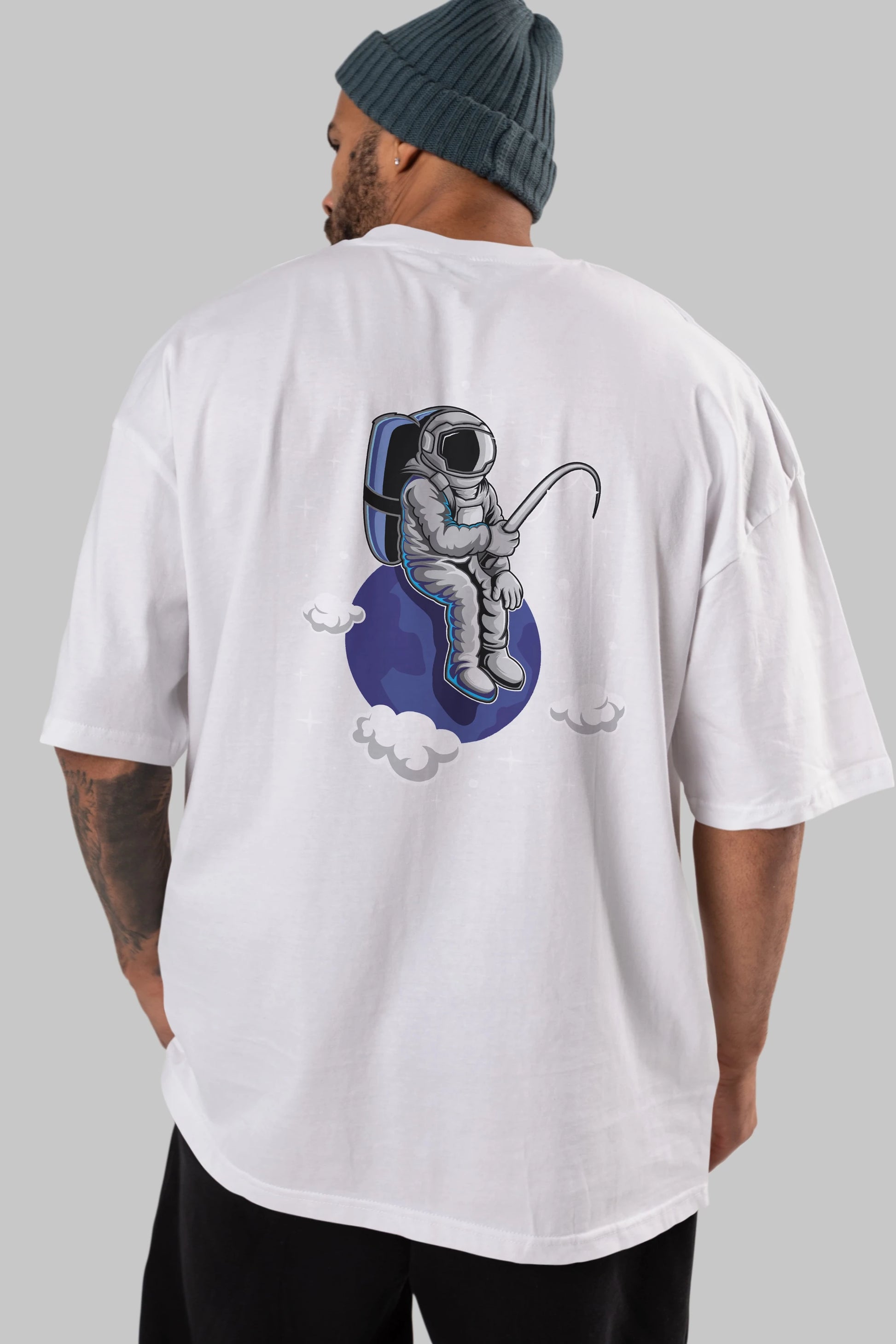 Astronaut Fishing (2) Arka Baskılı Oversize t-shirt Erkek Kadın Unisex