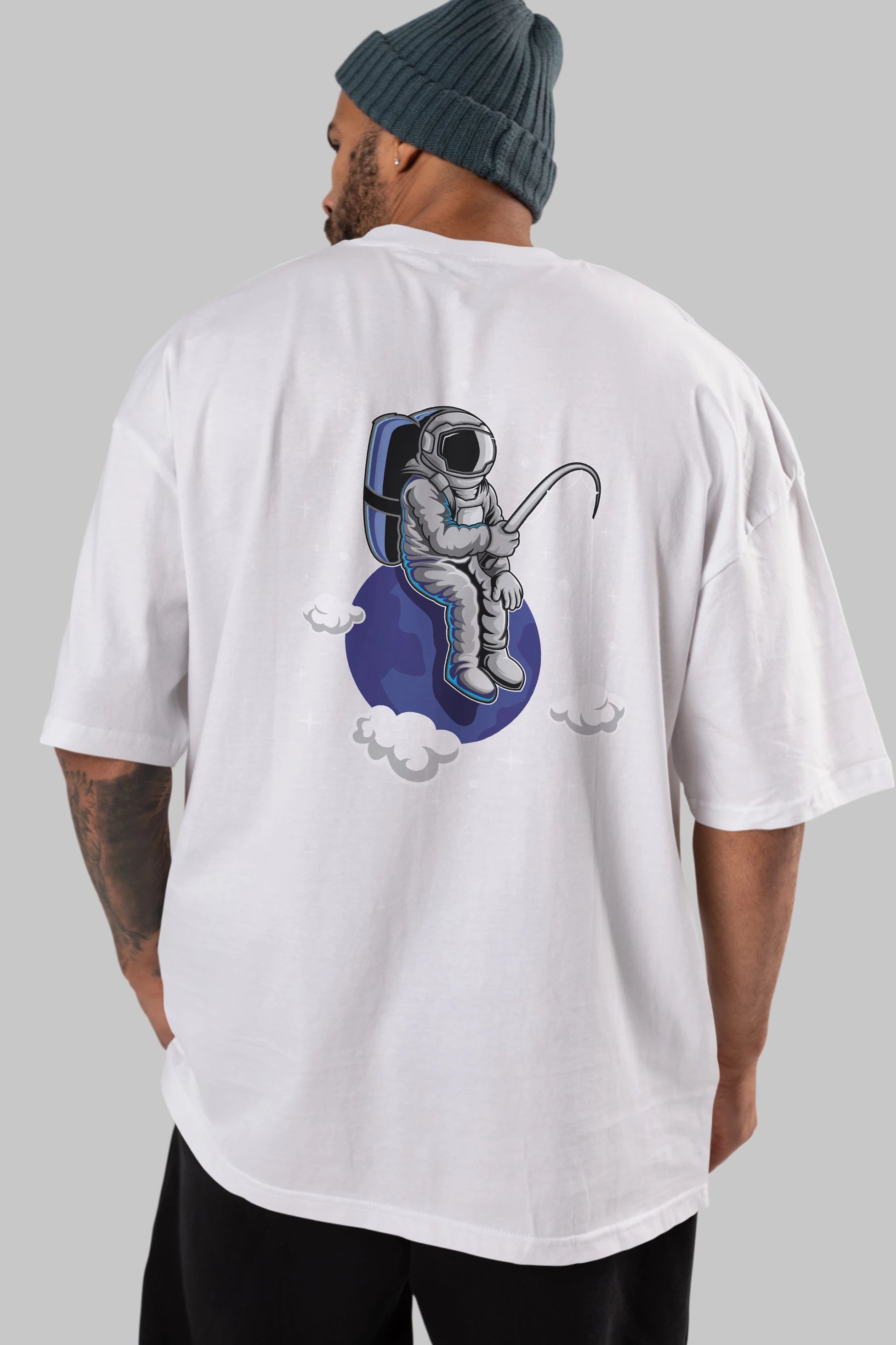Astronaut Fishing (2) Arka Baskılı Oversize t-shirt Erkek Kadın Unisex