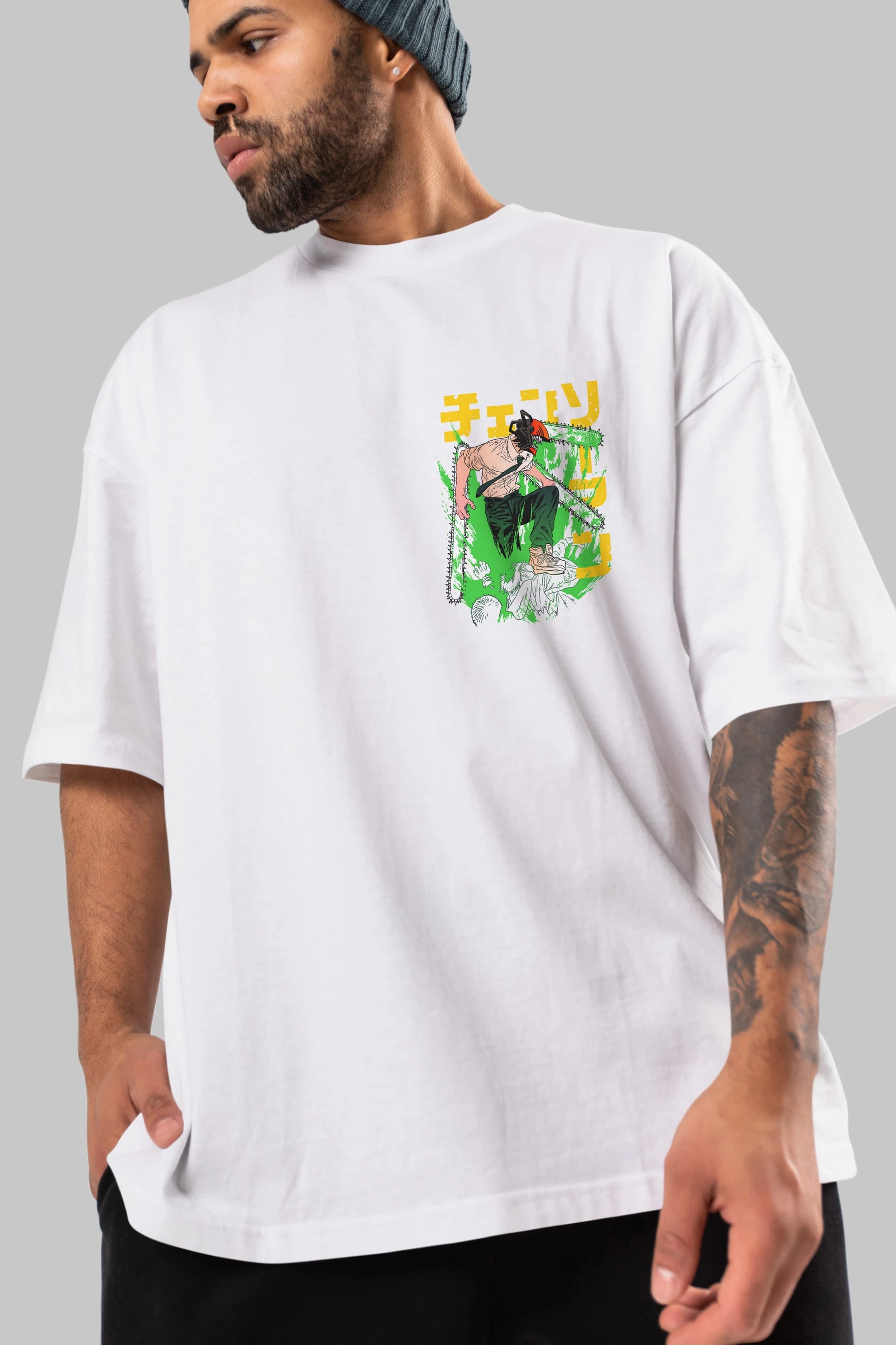 CHAINSAWMAN DENJI Ön Sol Baskılı Oversize t-shirt Erkek Kadın Unisex %100 Pamuk Bisiklet Yaka tişort