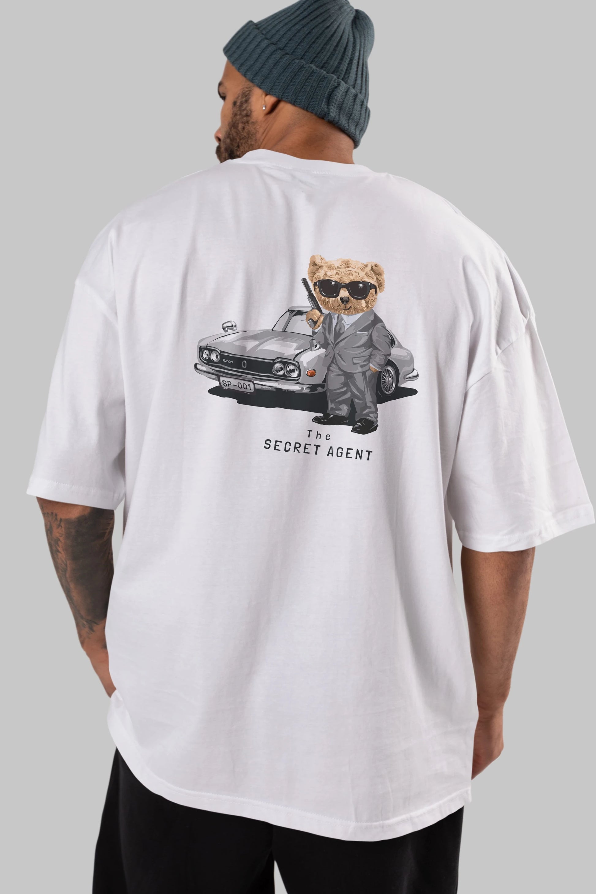 Teddy Bear The Secret Agent Arka Baskılı Oversize t-shirt Erkek Kadın Unisex %100 Pamuk