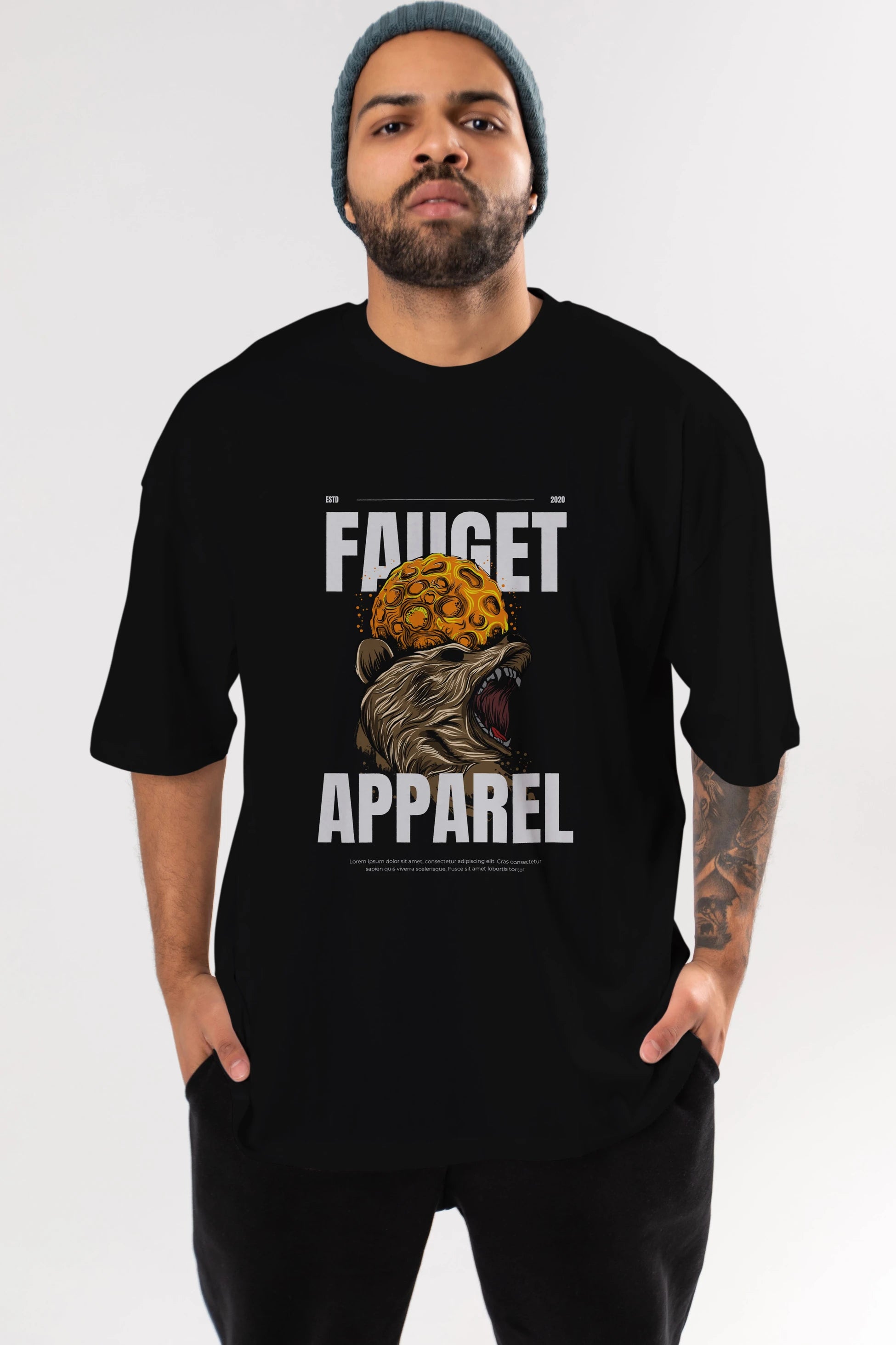 Bear Angry Fauget Apparel Ön Baskılı Oversize t-shirt Erkek Kadın Unisex