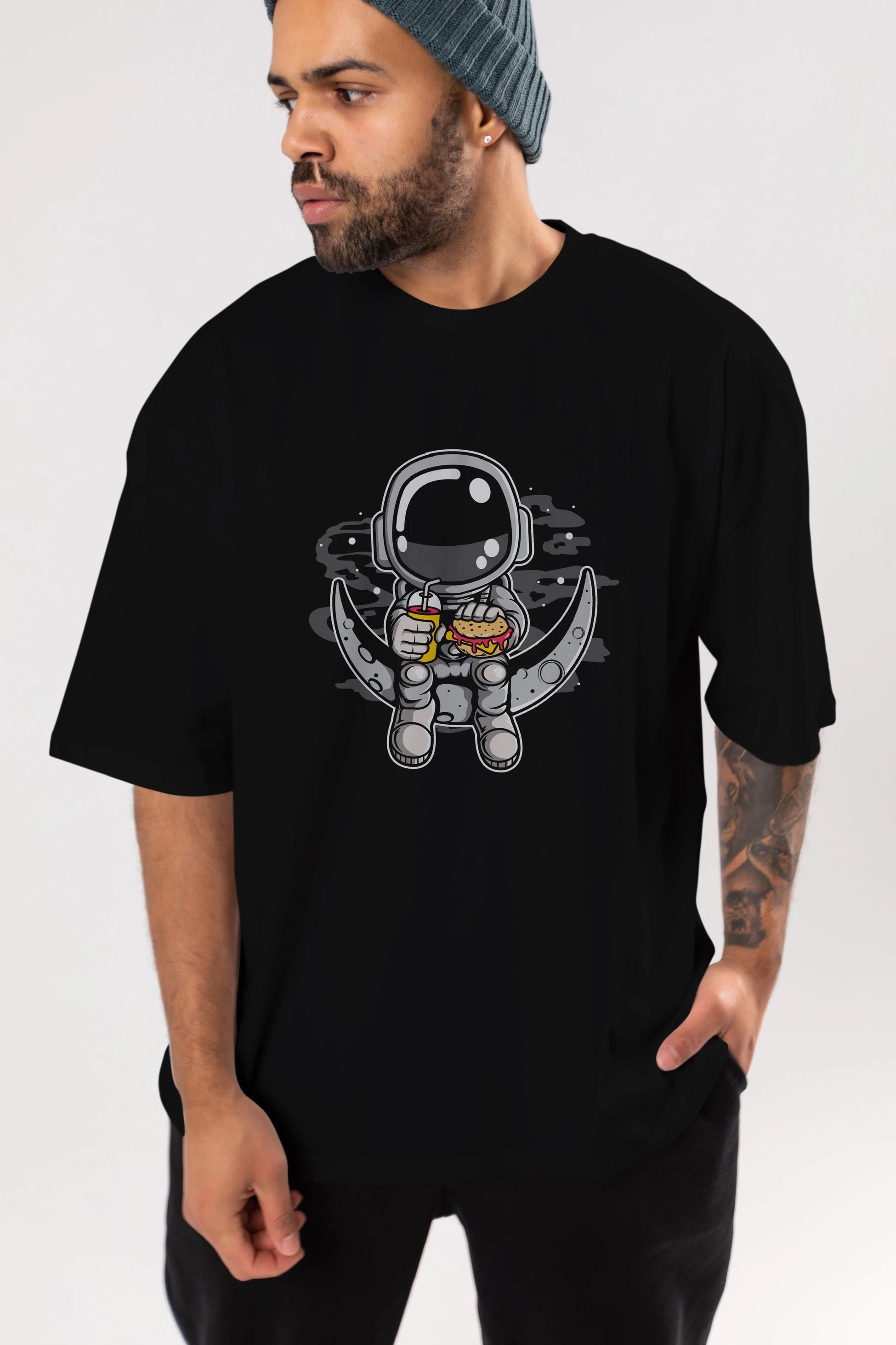 Astronaut Crescent Ön Baskılı Oversize t-shirt Erkek Kadın Unisex