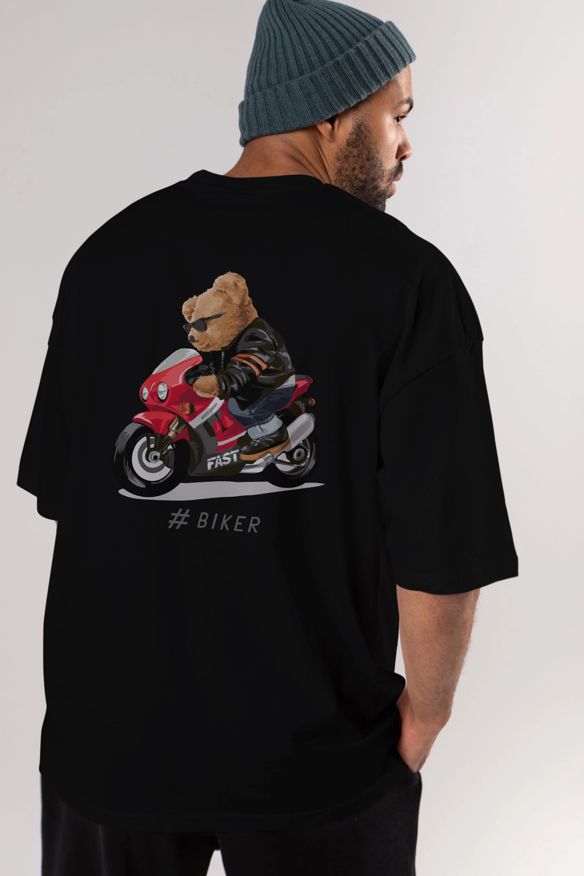 Teddy Bear Biker Arka Baskılı Oversize t-shirt Erkek Kadın Unisex %100 Pamuk