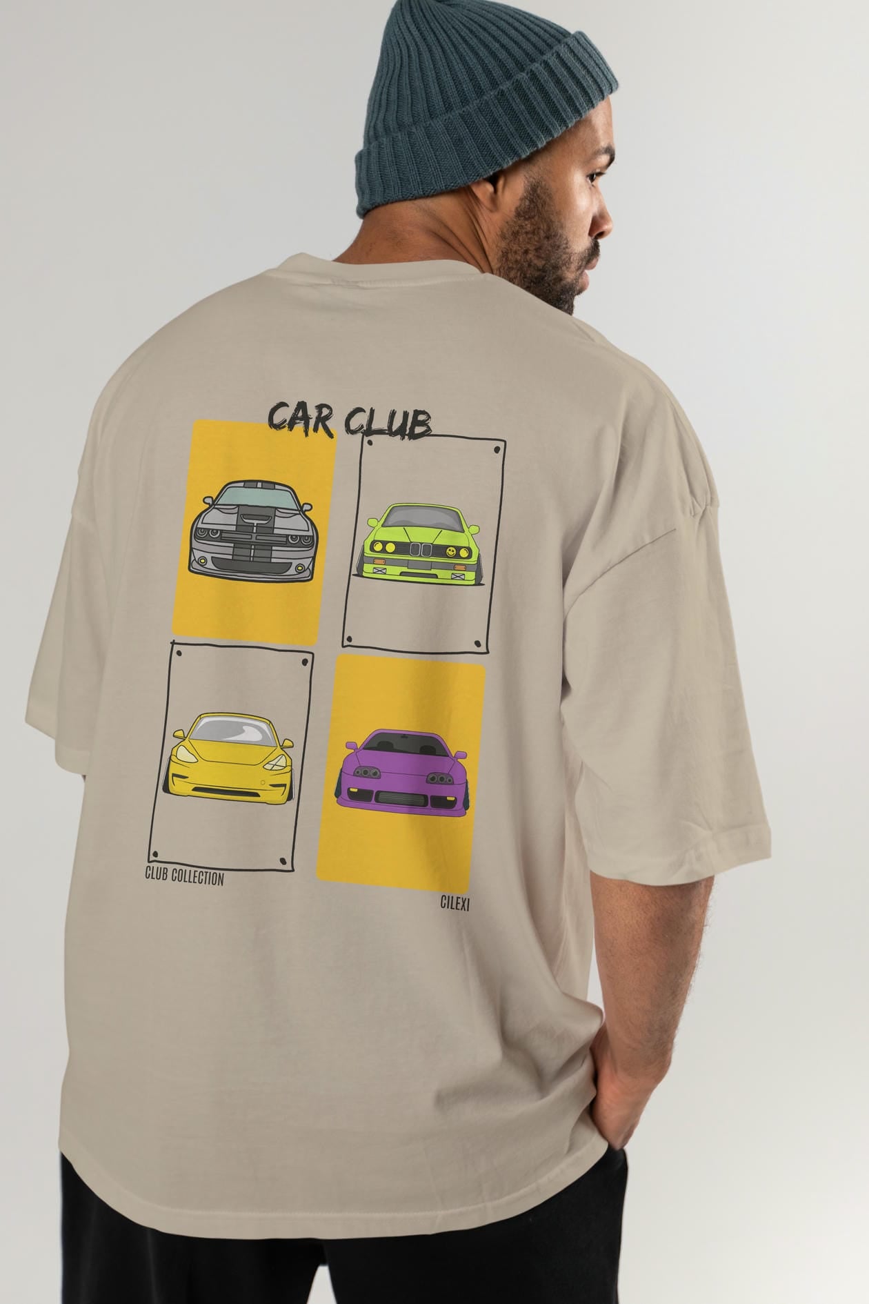 Car Club Arka Baskılı Oversize t-shirt Erkek Kadın %100 Pamuk Bisiklet Yaka tişort