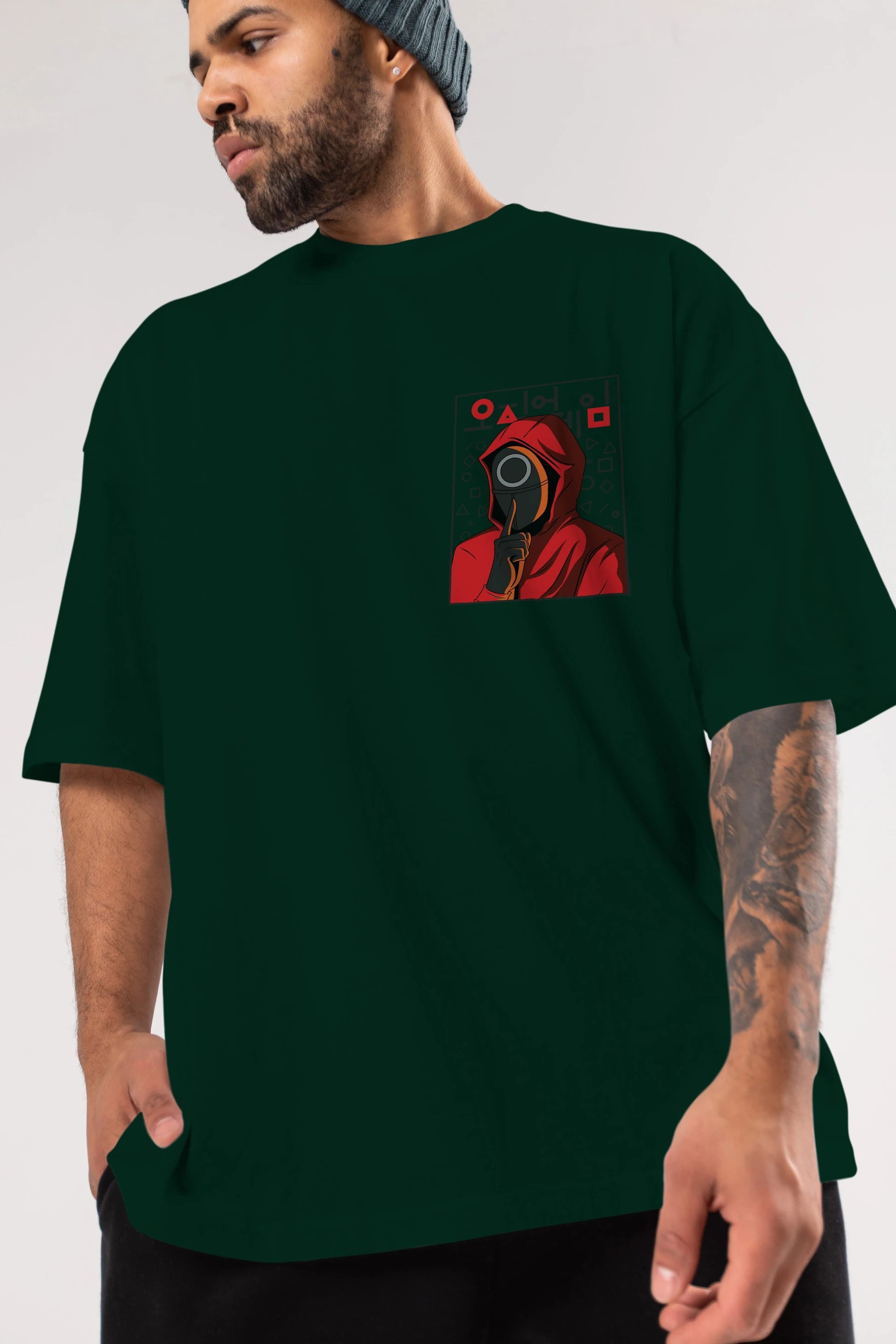 Squid Game (5) Ön Sol Baskılı Oversize t-shirt Erkek Kadın Unisex %100 Pamuk Bisiklet Yaka tişort