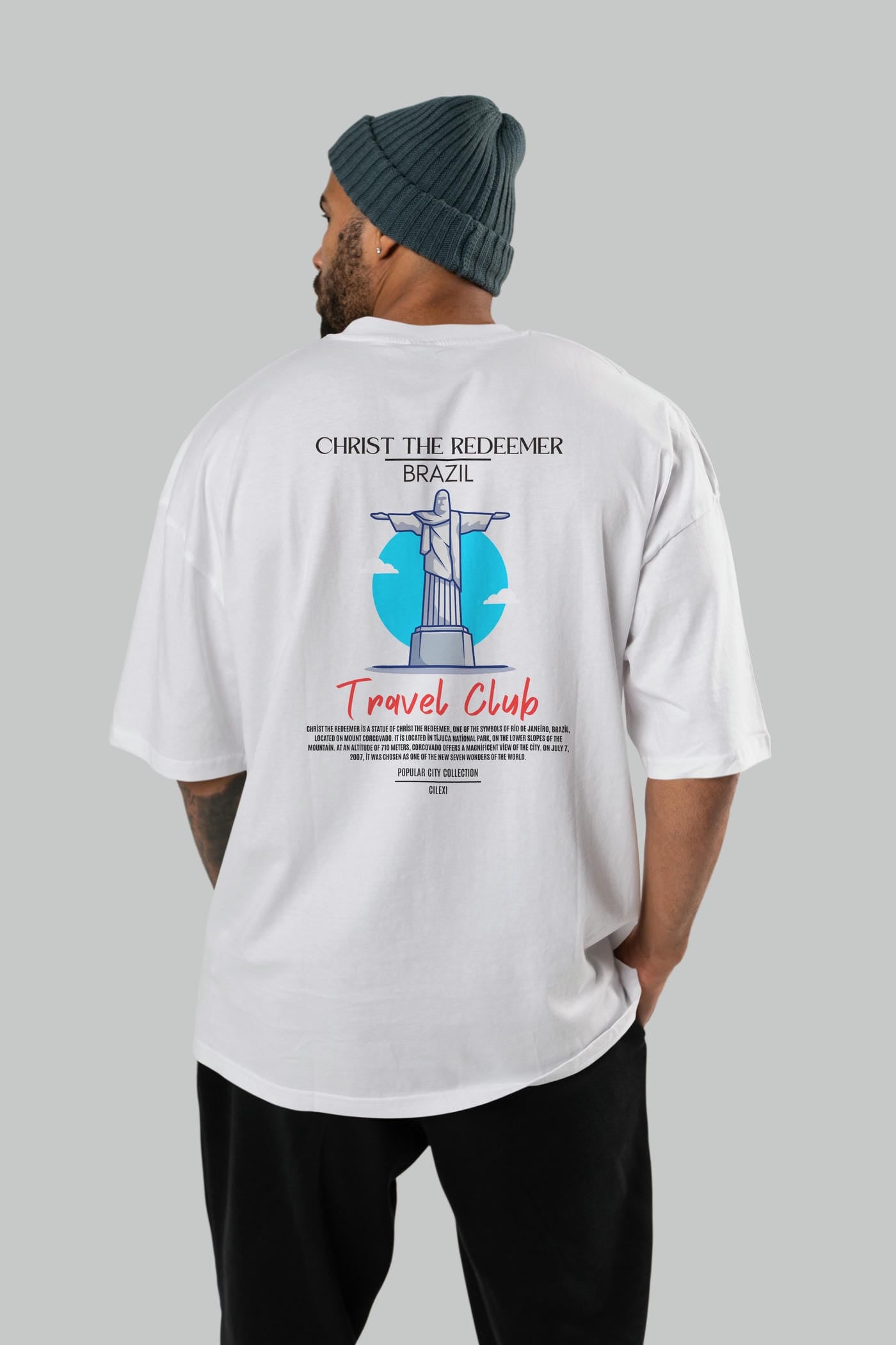 Christ The Redeemer Brazil Arka Baskılı Oversize t-shirt Erkek Kadın Pamuk Bisiklet Yaka tişort