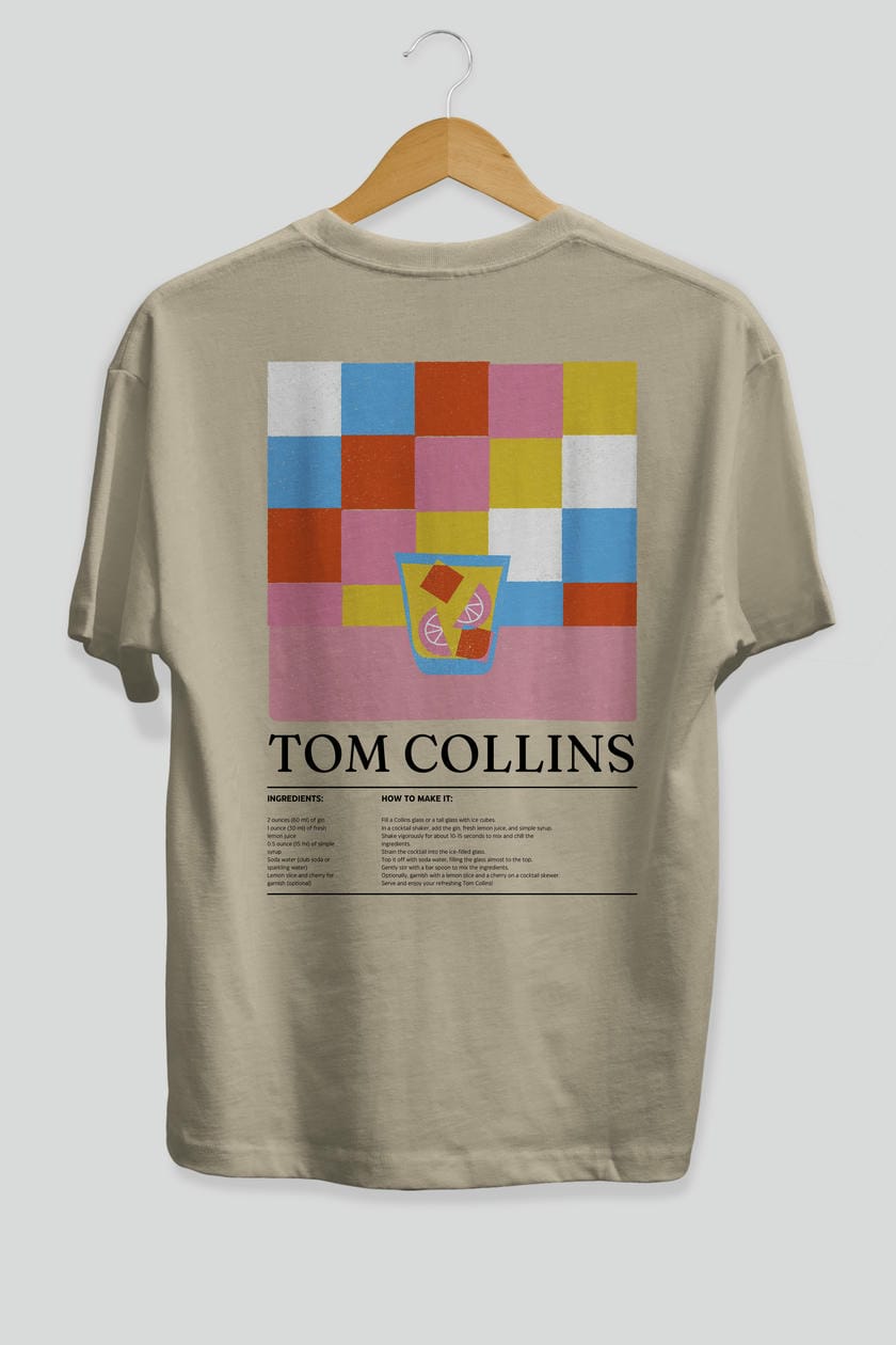 Tom Collins Kokteyl Serisi Arka Baskılı Oversize t-shirt Erkek Kadın %100 Pamuk Bisiklet Yaka tişort