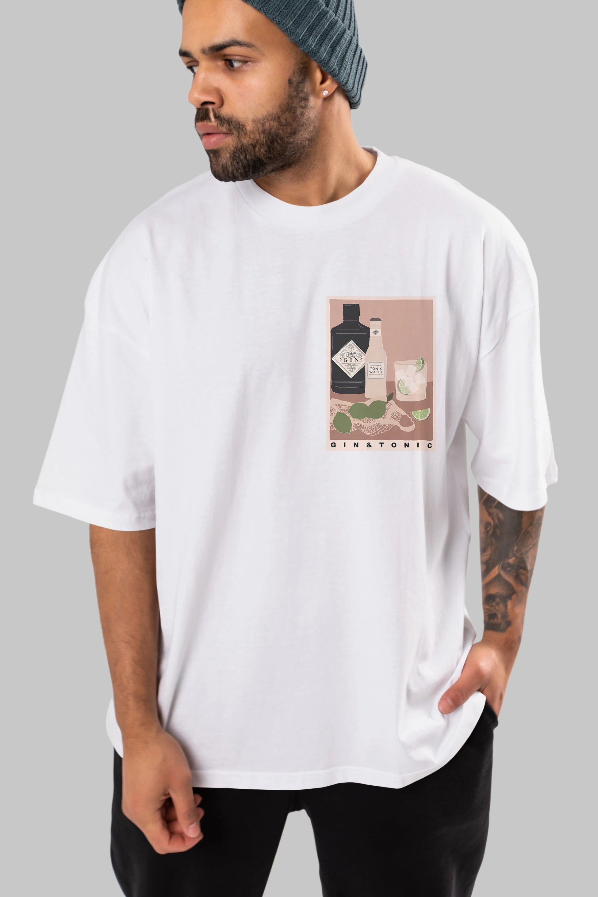 Gin Tonic Ön Sol Baskılı Oversize t-shirt Erkek Kadın Unisex %100 Pamuk Bisiklet Yaka tişort
