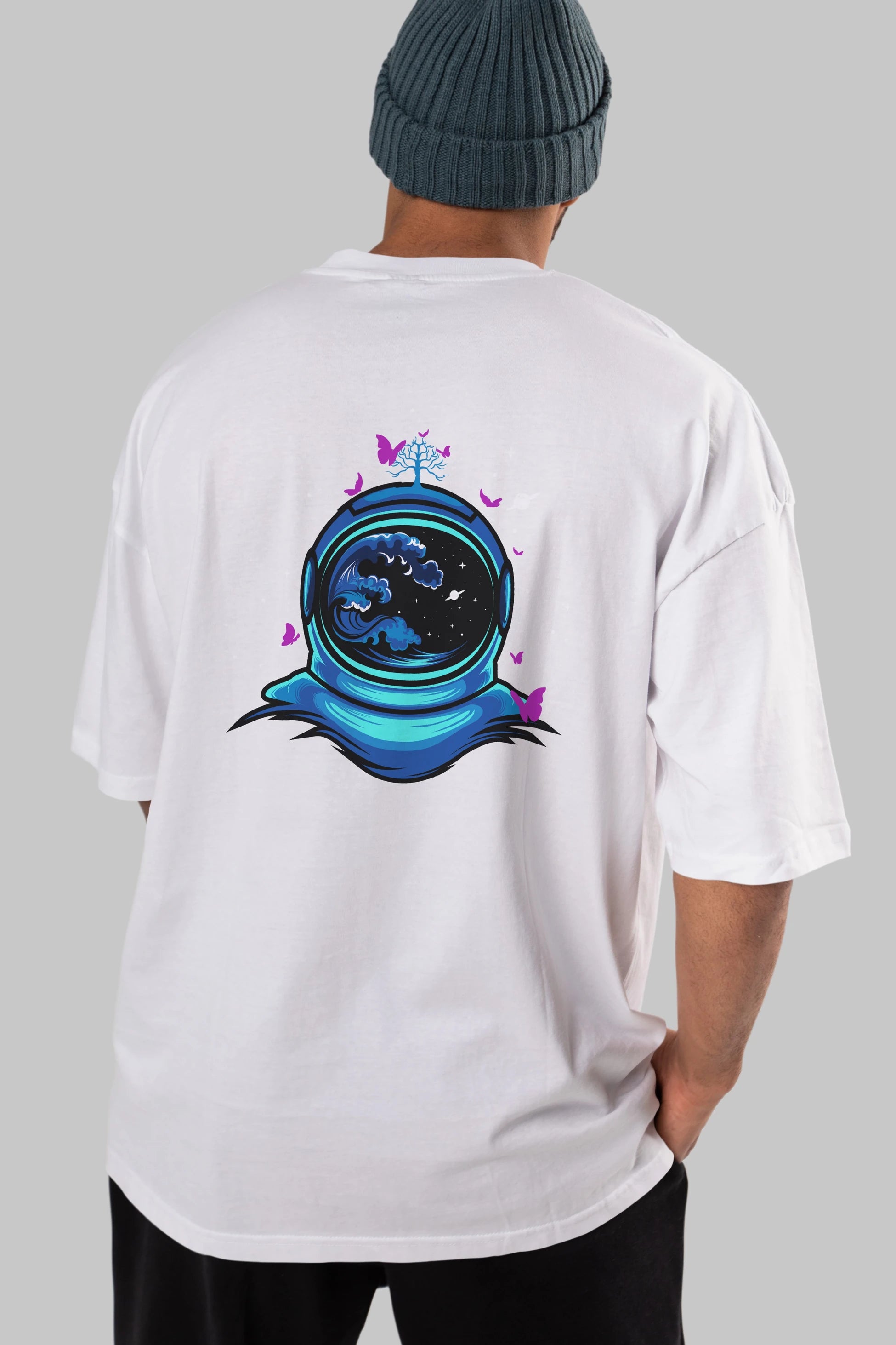 Astronaut and Butterfly Arka Baskılı Oversize t-shirt Erkek Kadın Unisex