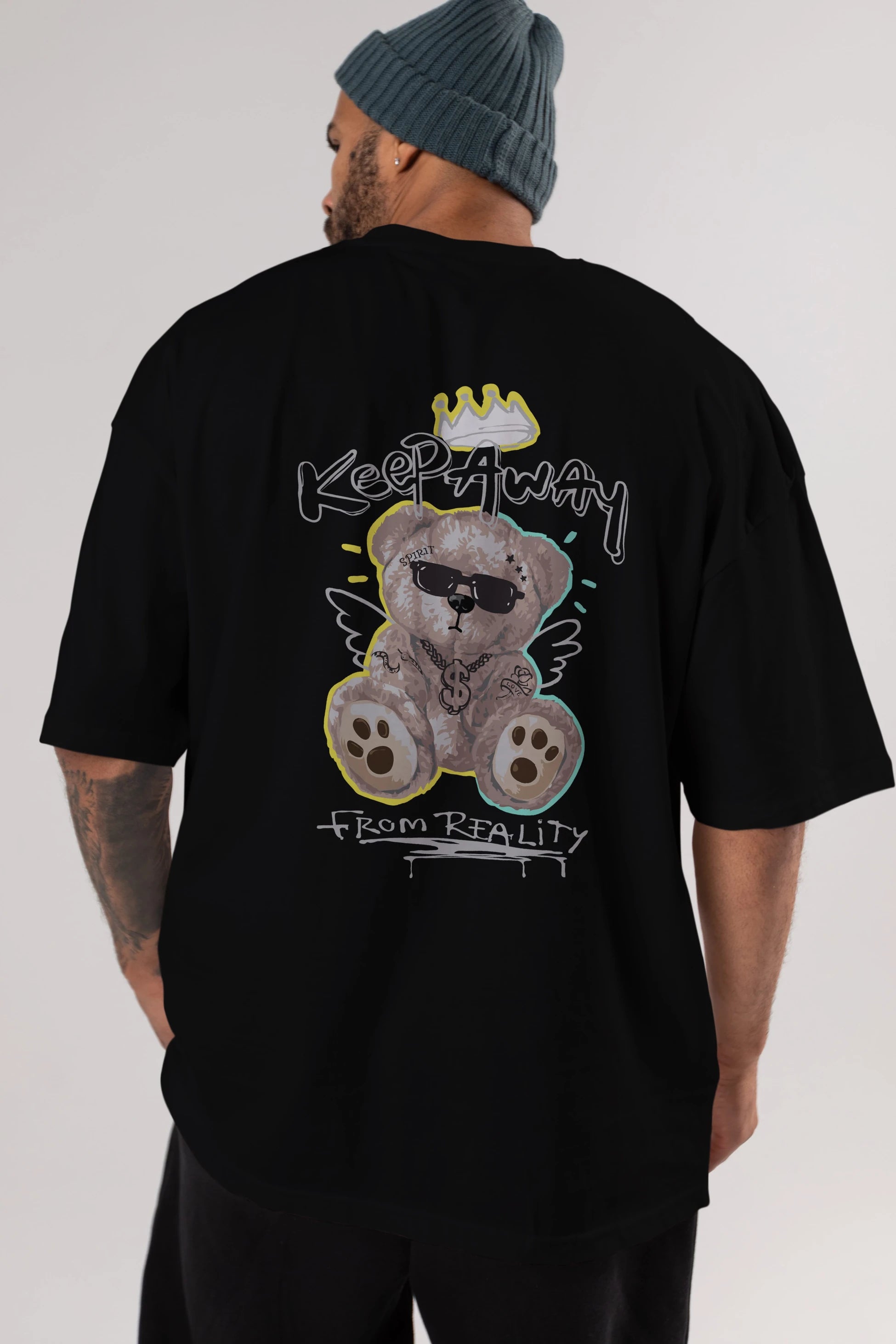 Keep Away Bear Arka Baskılı Oversize t-shirt Erkek Kadın Unisex