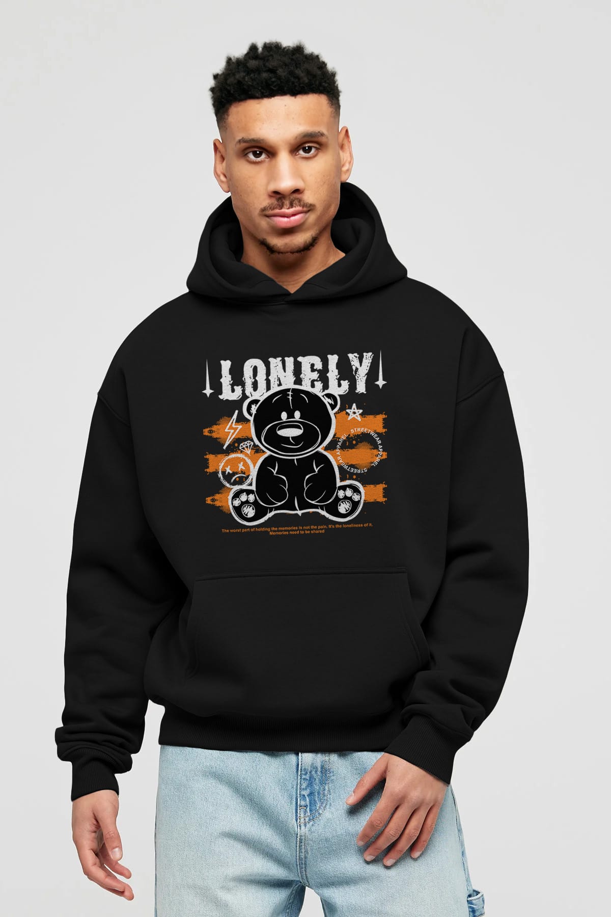 Teddy Bear Lonely Ön Baskılı Hoodie Oversize Kapüşonlu Sweatshirt Erkek Kadın Unisex