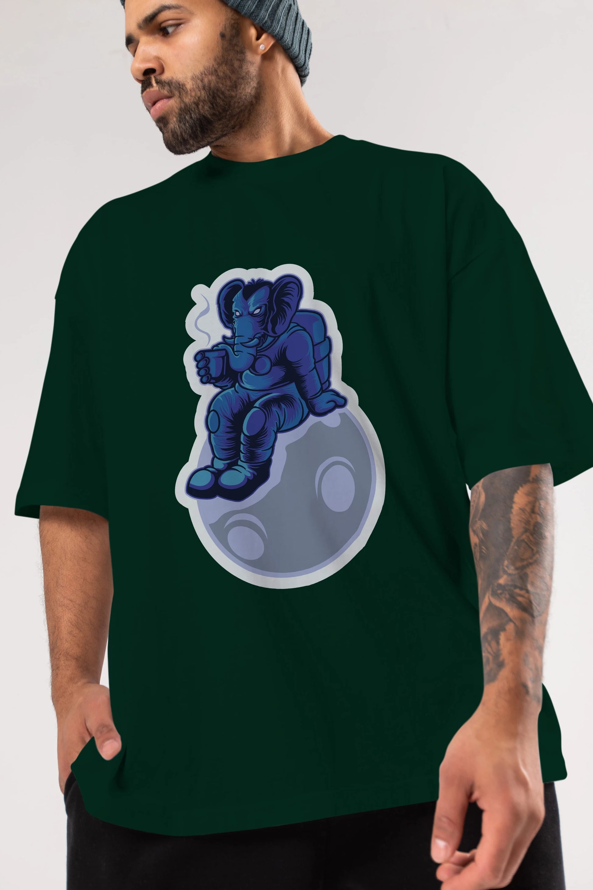 Space Elephant Drink Coffee Sticker Ön Baskılı Oversize t-shirt Erkek Kadın Unisex