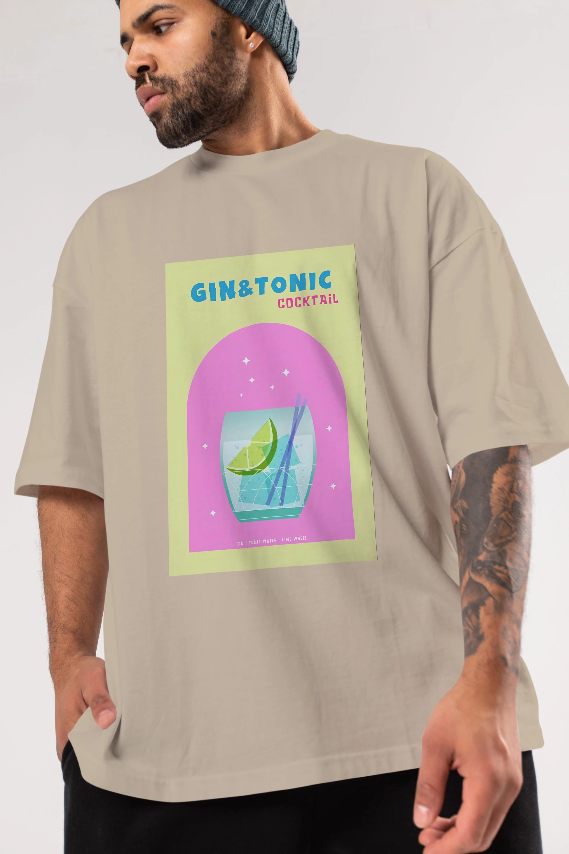 Gin Tonic Cocktail Ön Baskılı Oversize t-shirt Erkek Kadın Unisex %100 Pamuk Bisiklet Yaka tişort