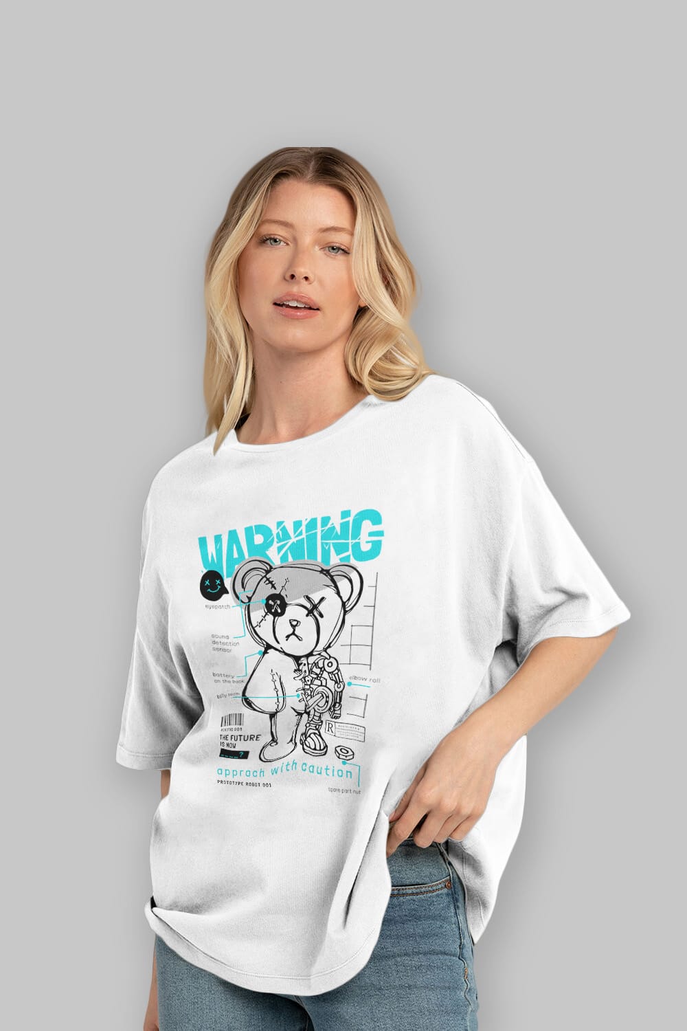 Teddy Bear Warning Ön Baskılı Oversize t-shirt Erkek Kadın Unisex