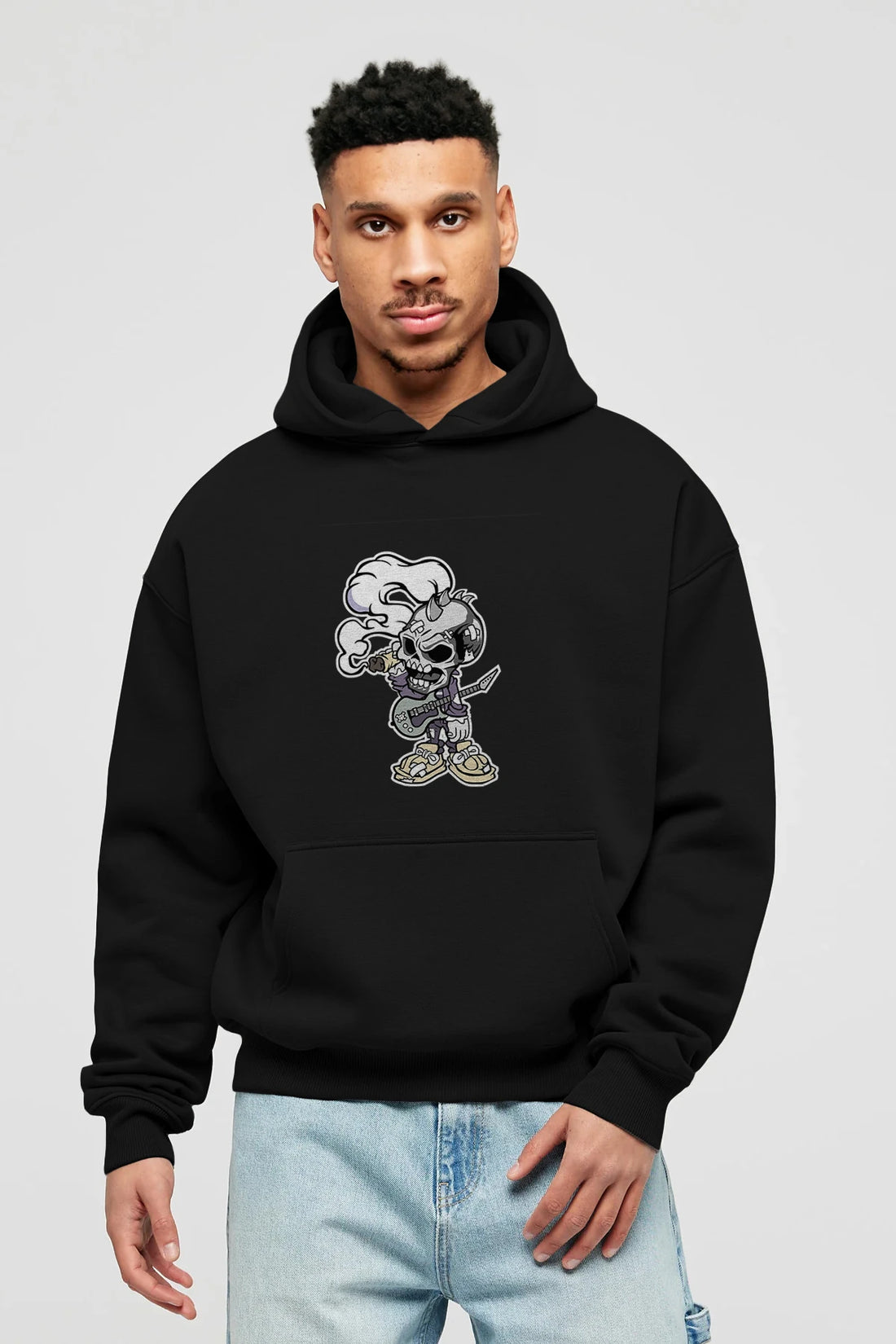Skull Smoker Punk Rocker Ön Baskılı Hoodie Oversize Kapüşonlu Sweatshirt Erkek Kadın Unisex