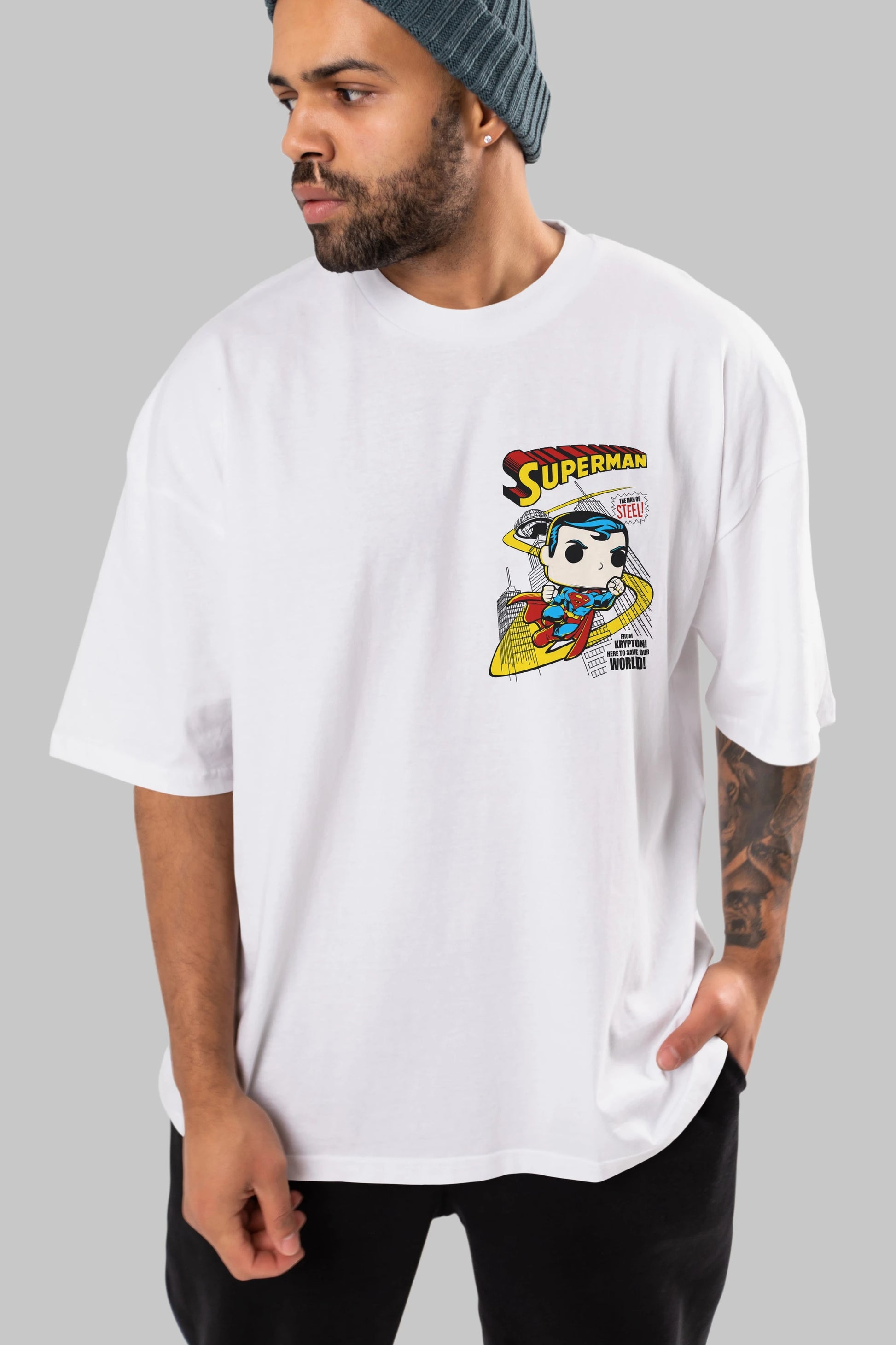 Superman (2) Ön Sol Baskılı Oversize t-shirt Erkek Kadın Unisex %100 Pamuk Bisiklet Yaka tişort