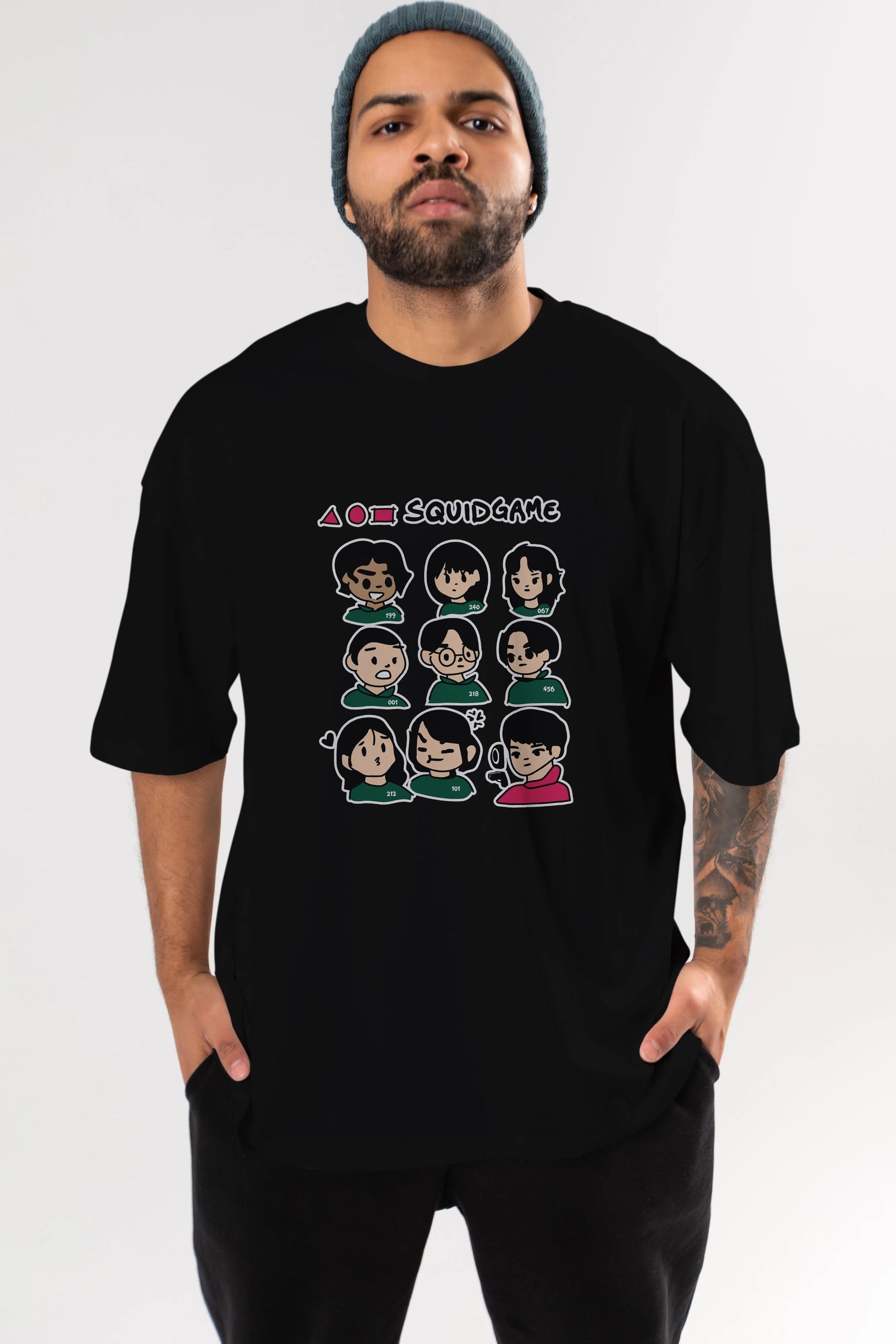 Squid Game (3) Ön Baskılı Oversize t-shirt Erkek Kadın Unisex %100 Pamuk Bisiklet Yaka tişort
