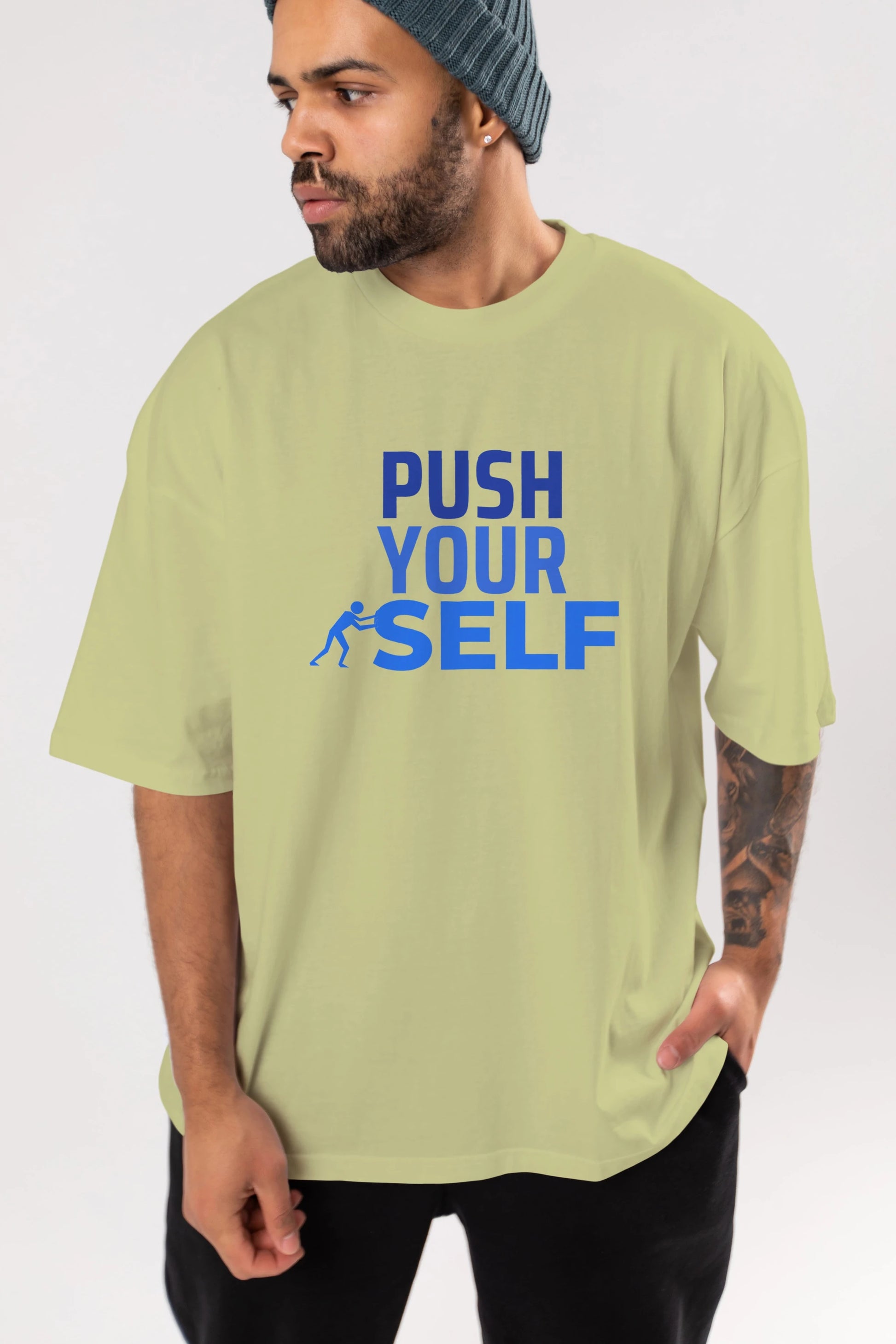 Push Yourself Yazılı Ön Baskılı Oversize t-shirt Erkek Kadın Unisex