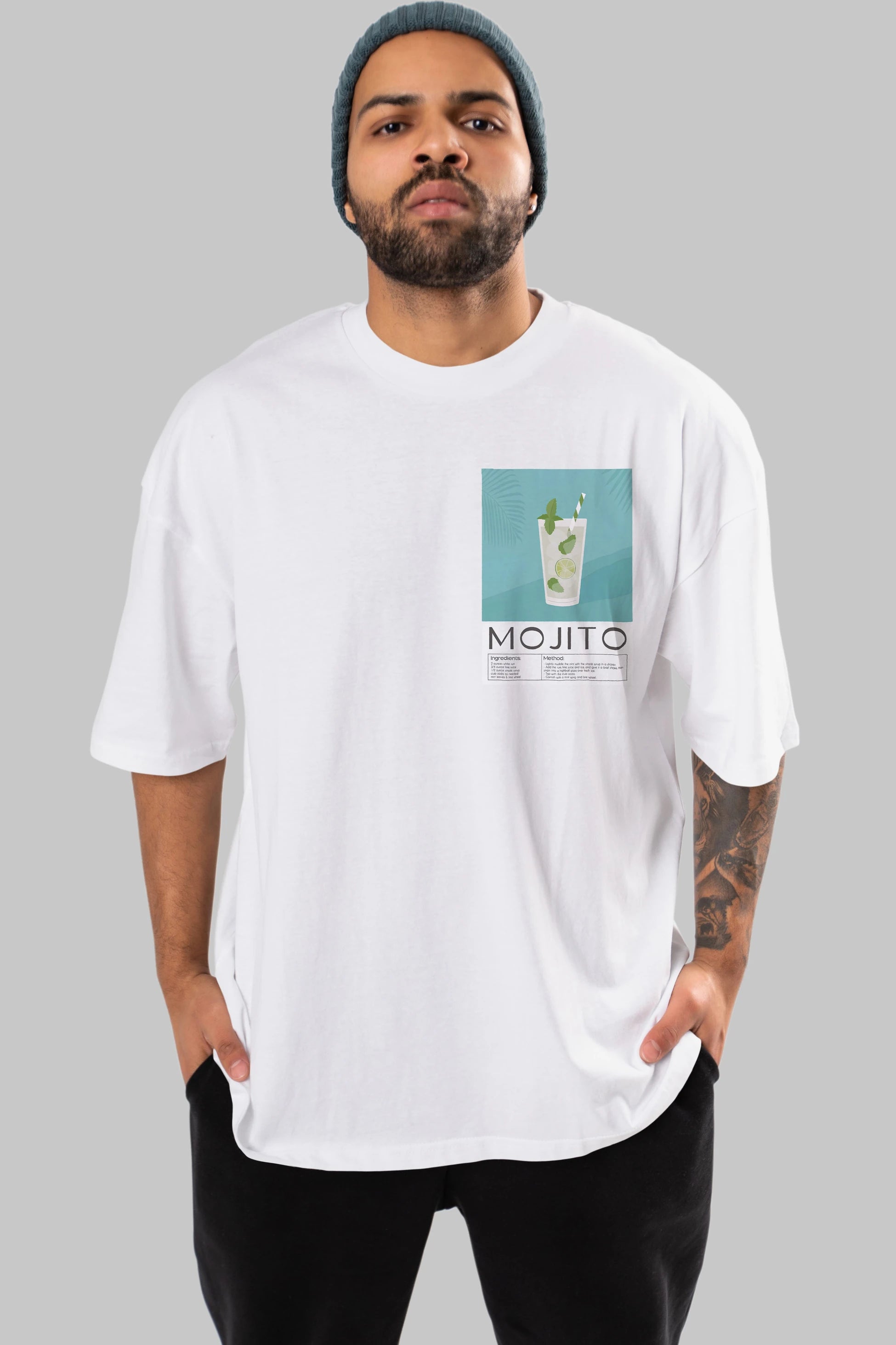 Mojito 4 Ön Sol Baskılı Oversize t-shirt Erkek Kadın Unisex %100 Pamuk Bisiklet Yaka tişort