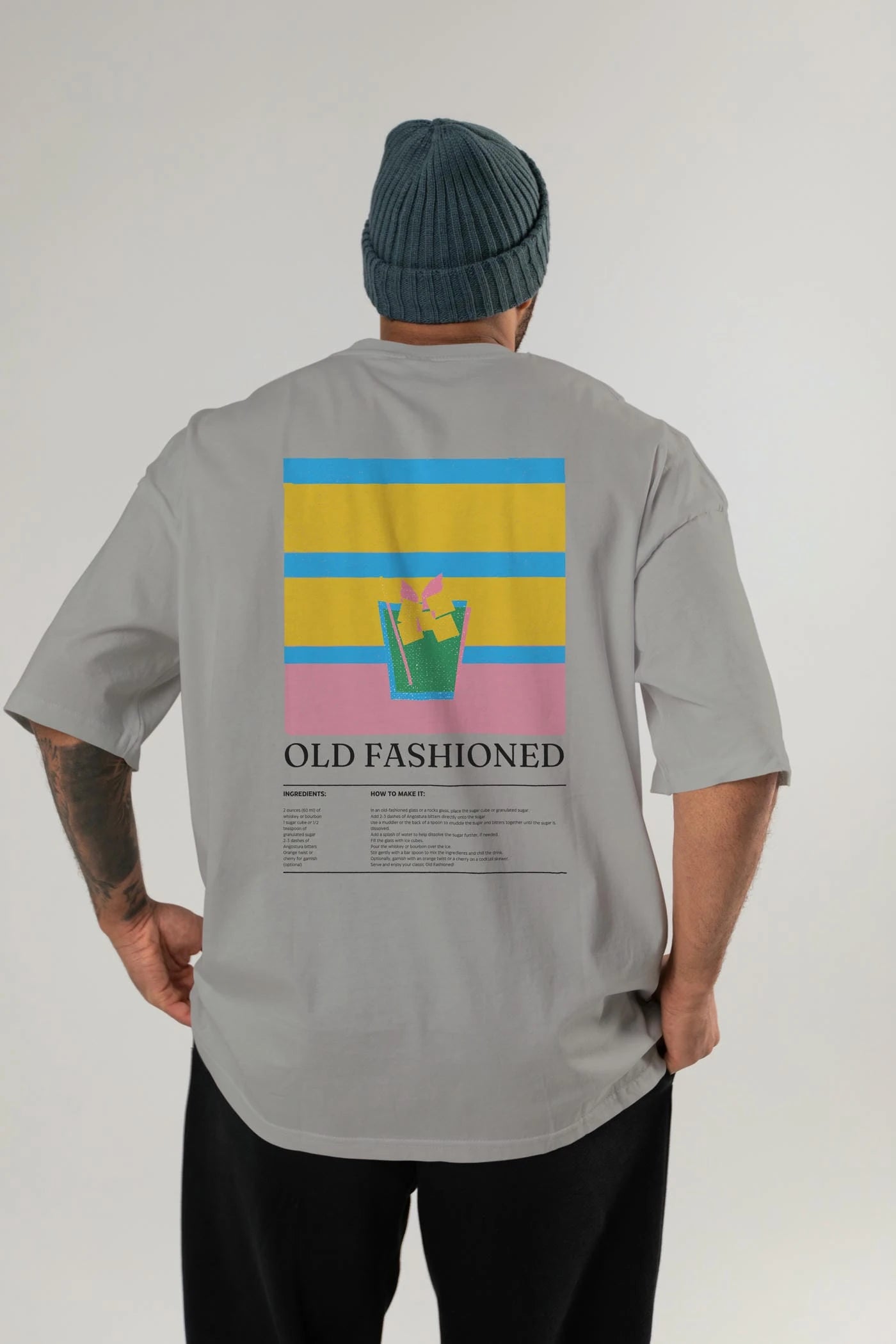 Old Fashioned Kokteyl Serisi Arka Baskılı Oversize t-shirt Erkek Kadın %100 Pamuk Bisiklet Yaka tişort