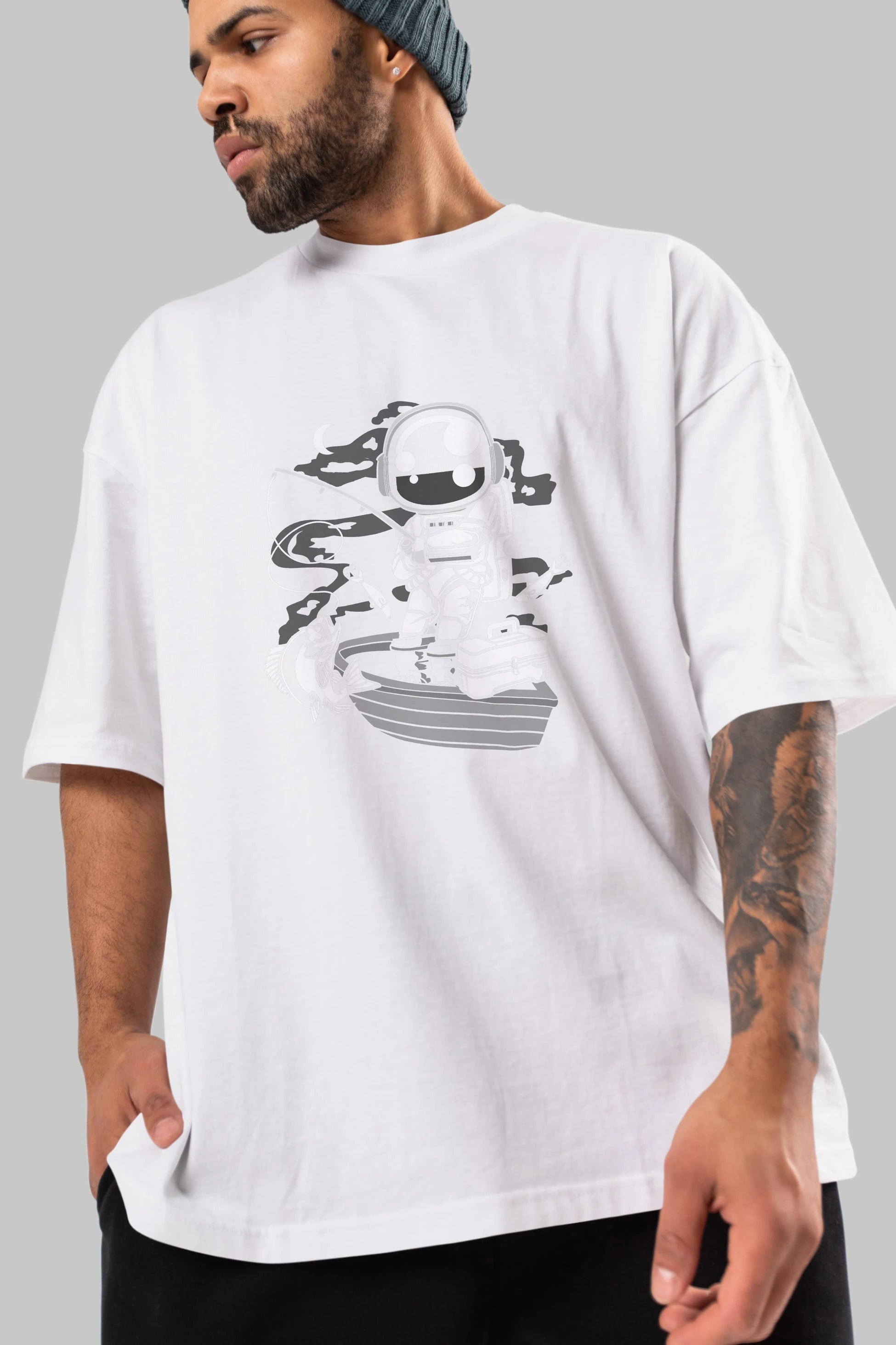 Astronaut Fisherman Ön Baskılı Oversize t-shirt Erkek Kadın Unisex
