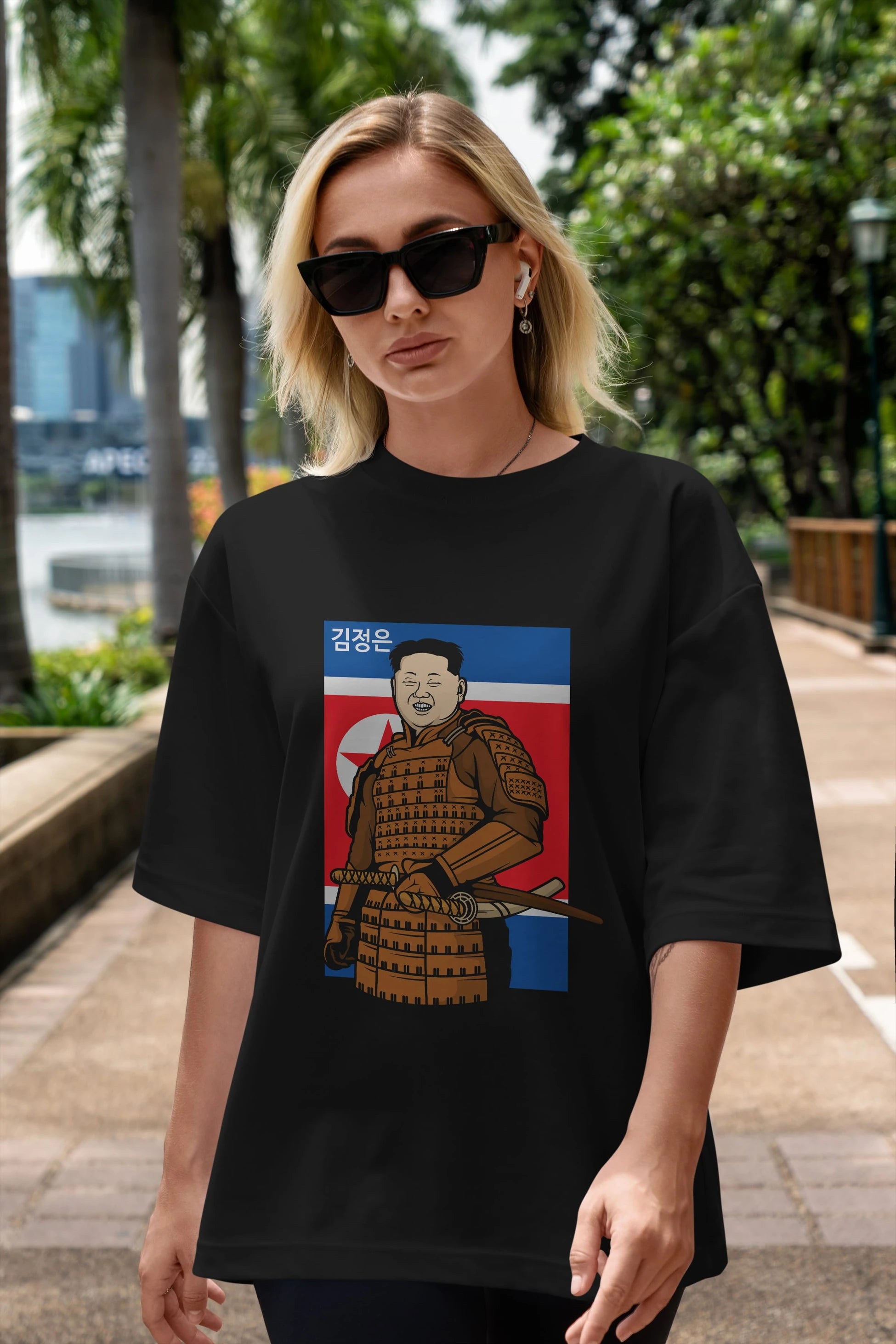 Samurai Jong Un Ön Baskılı Oversize t-shirt Erkek Kadın Unisex %100 Pamuk tişort
