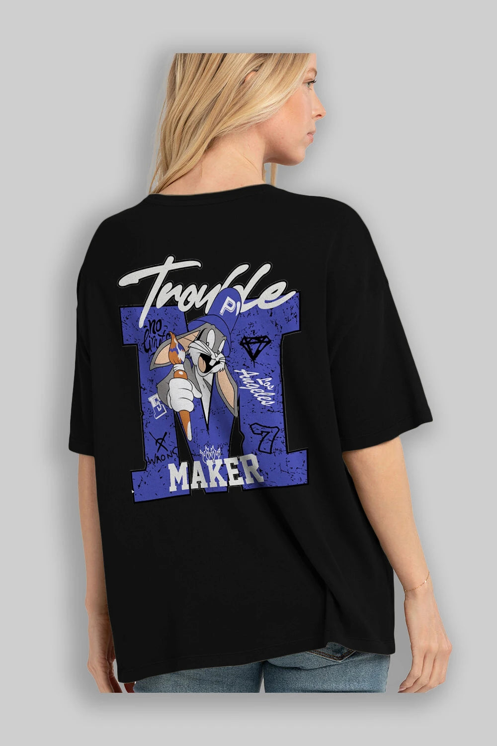 Bugs Bunny Arka Baskılı Oversize t-shirt Erkek Kadın Unisex %100 Pamuk Bisiklet Yaka tişort