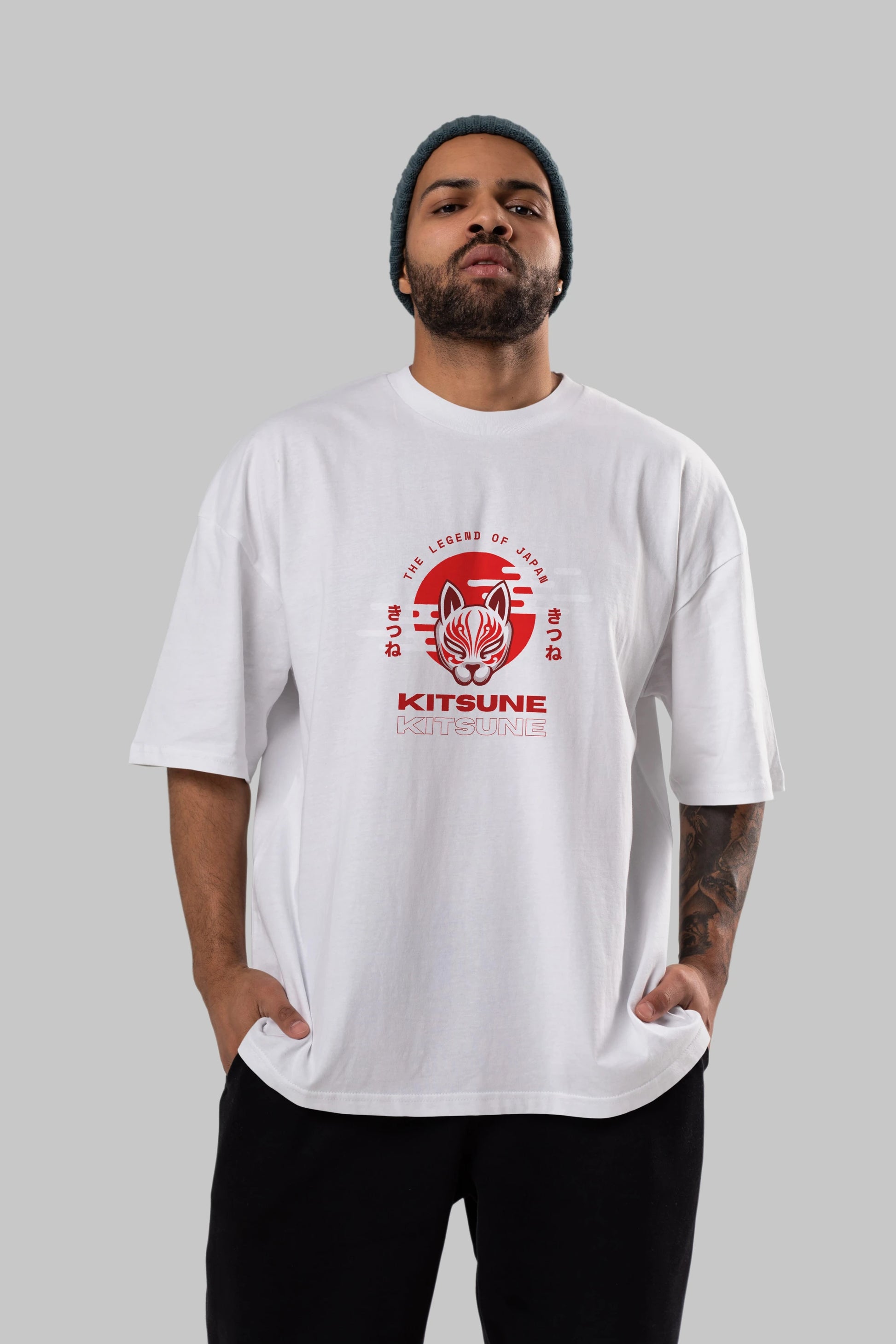 Kitsune Mask Ön Baskılı Oversize t-shirt Erkek Kadın Unisex