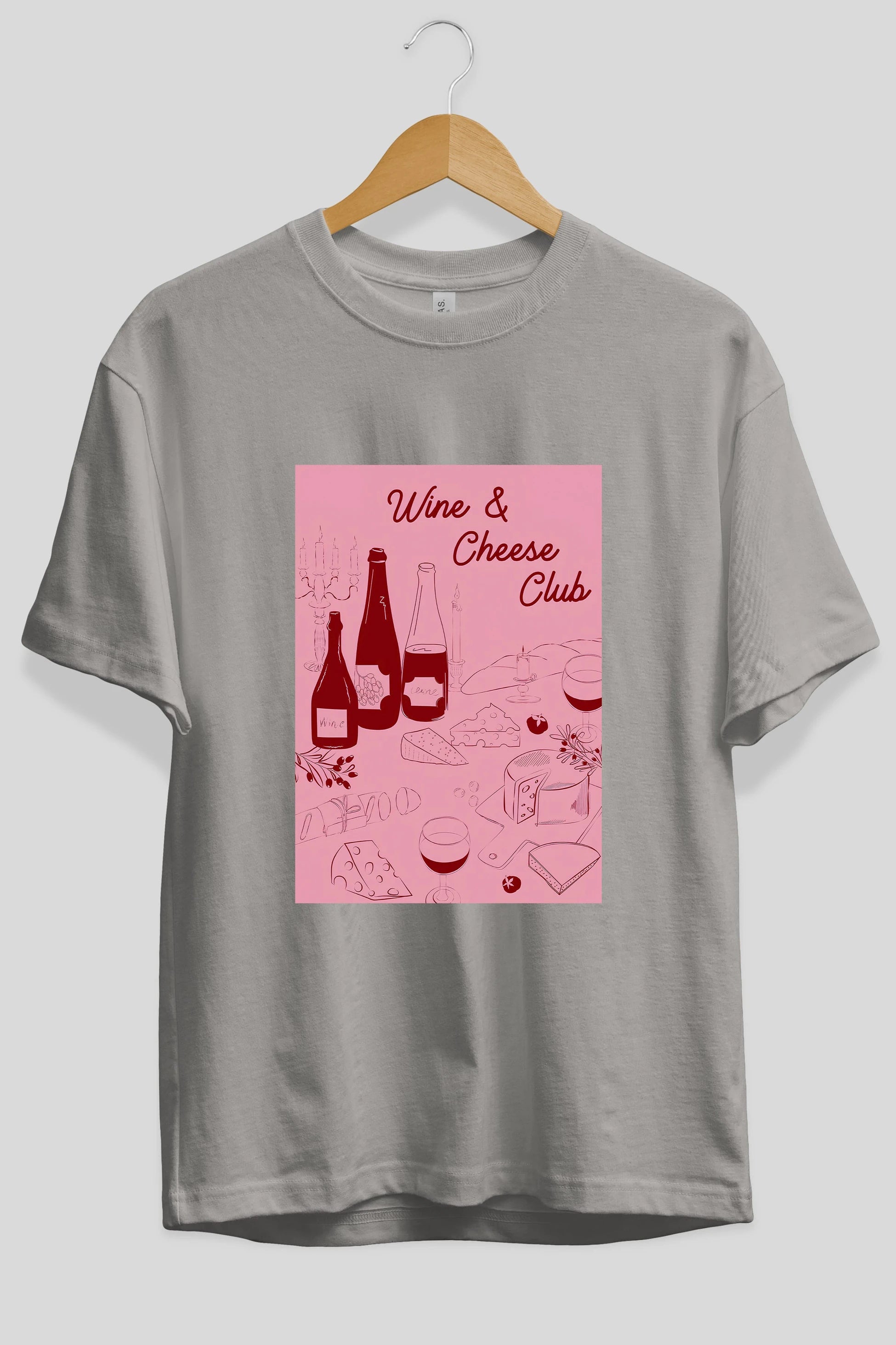 Wine Cheese Club Ön Baskılı Oversize t-shirt Erkek Kadın Unisex %100 Pamuk Bisiklet Yaka tişort