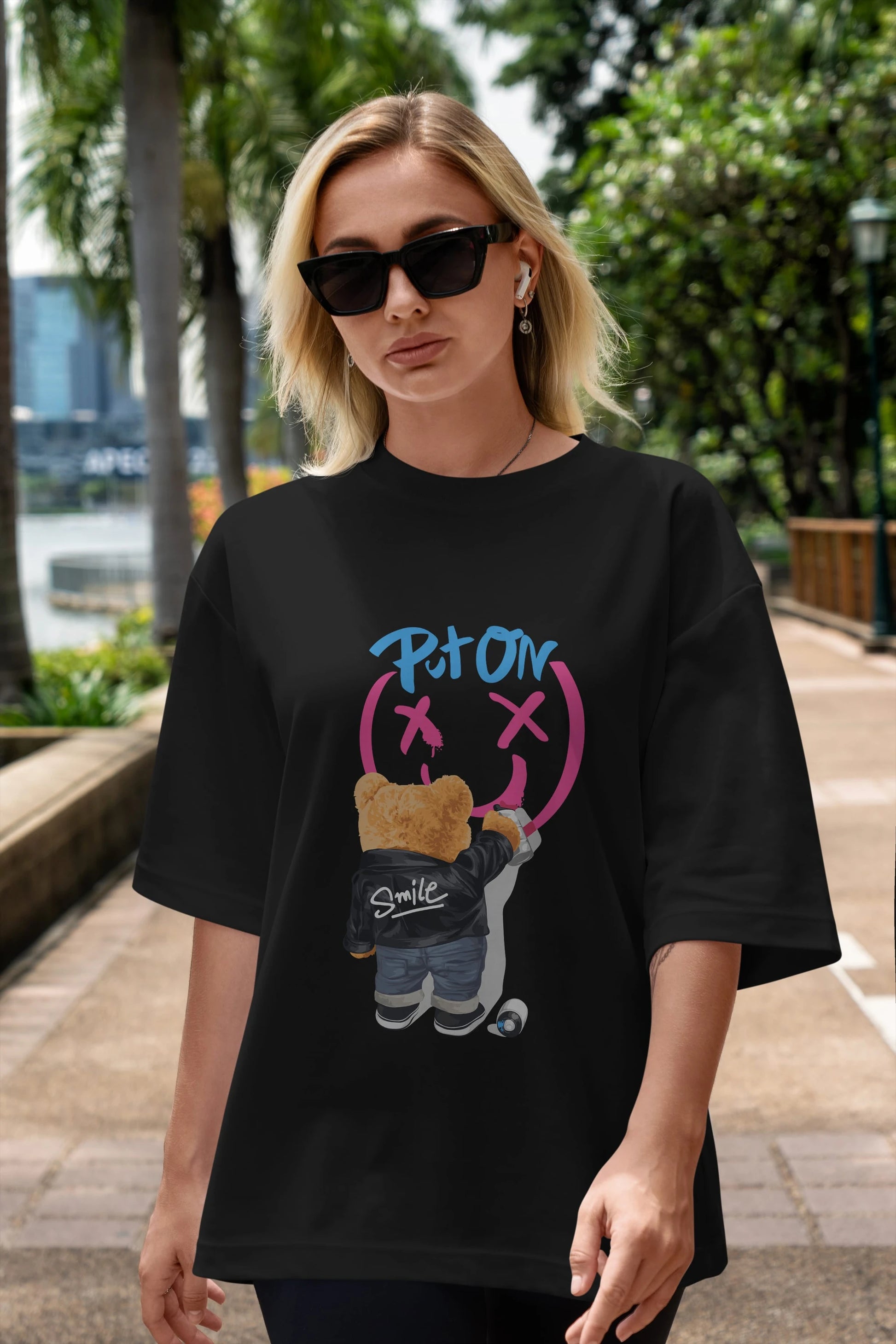 Put on Smile Bear Ön Baskılı Oversize t-shirt Erkek Kadın Unisex