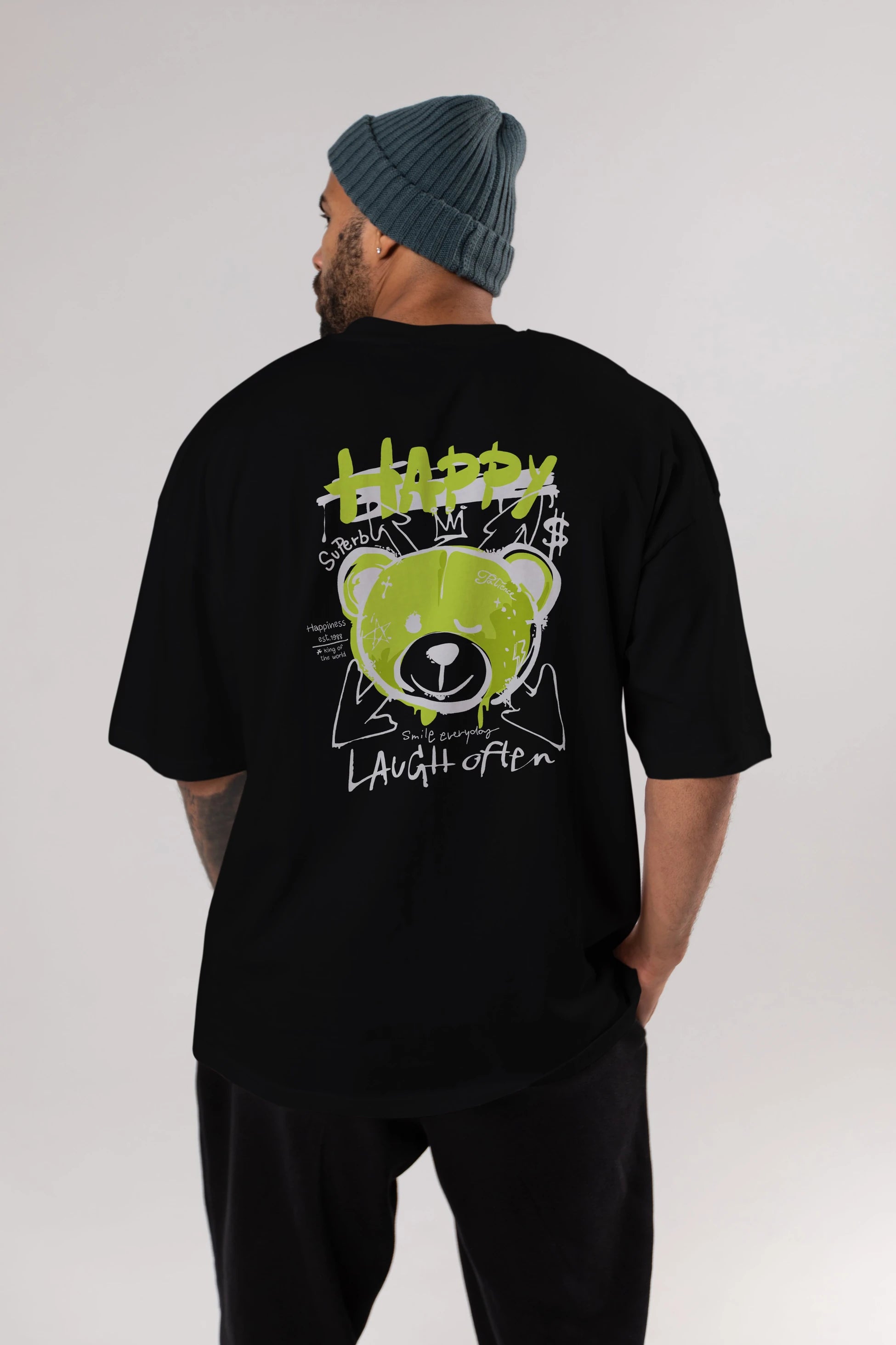 Happy Bear Arka Baskılı Oversize t-shirt Erkek Kadın Unisex