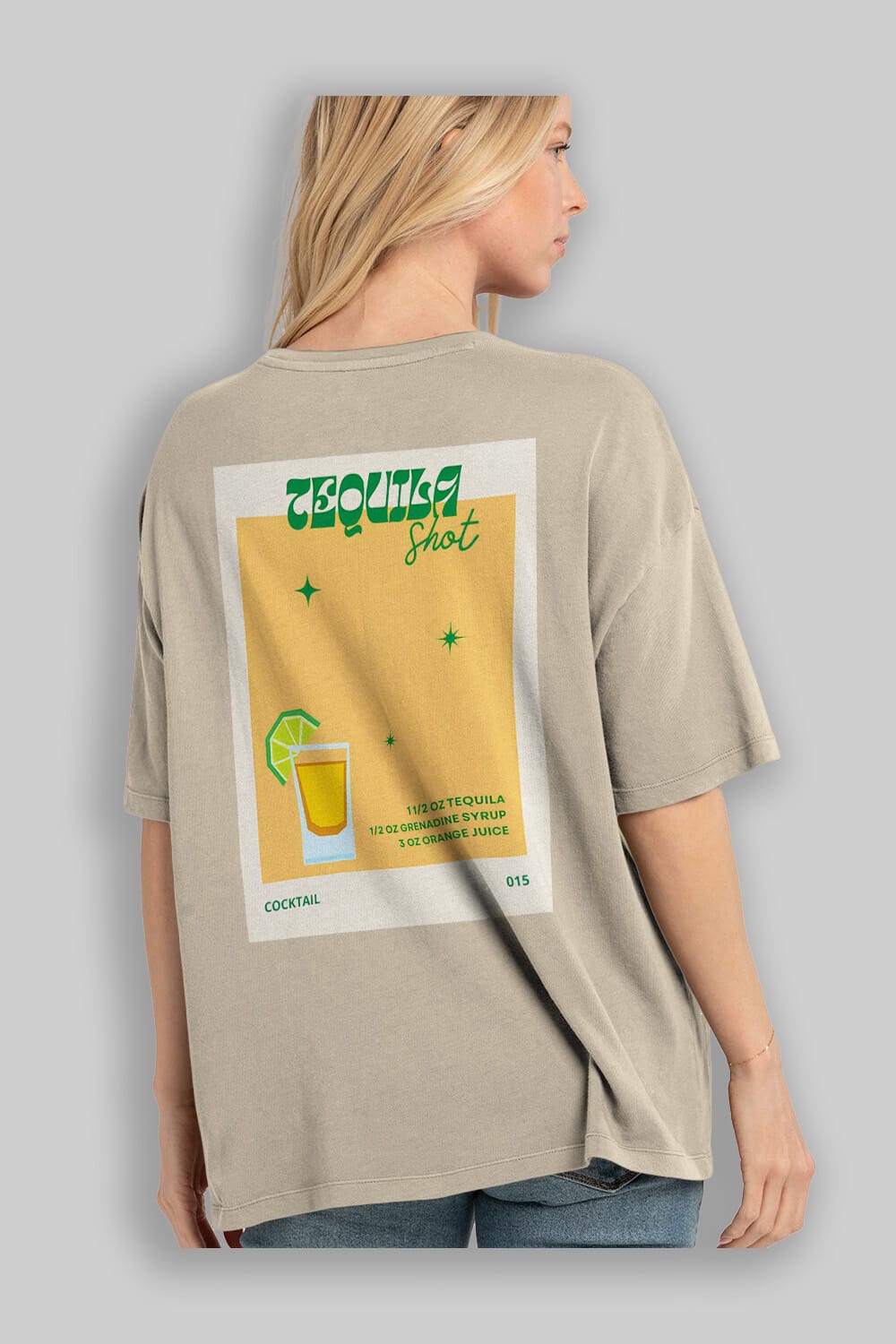 Tequila Shot 2 Arka Baskılı Oversize t-shirt Erkek Kadın Unisex %100 Pamuk Bisiklet Yaka tişort