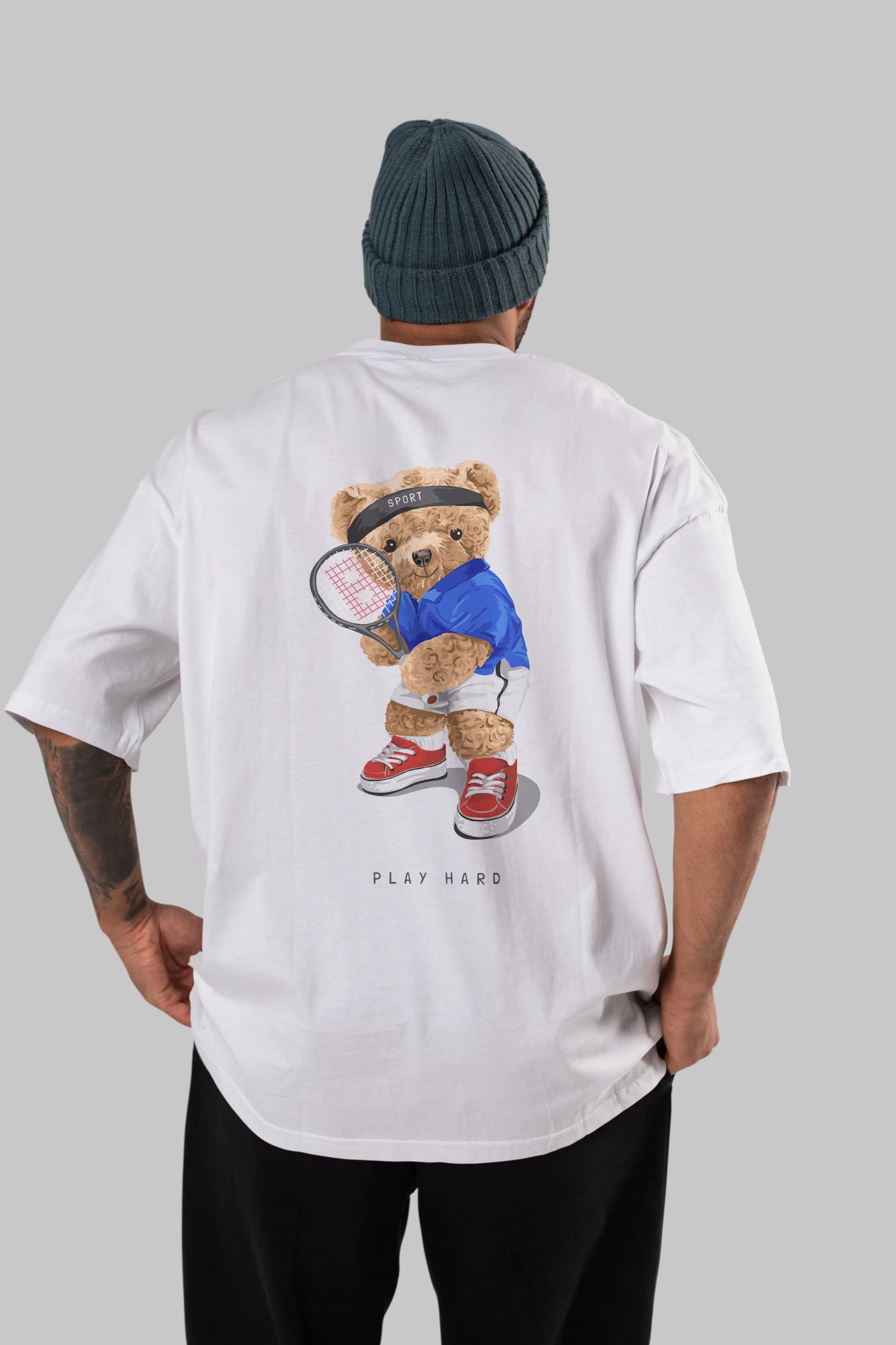 Teddy Bear Play Hard Arka Baskılı Oversize t-shirt Erkek Kadın Unisex %100 Pamuk