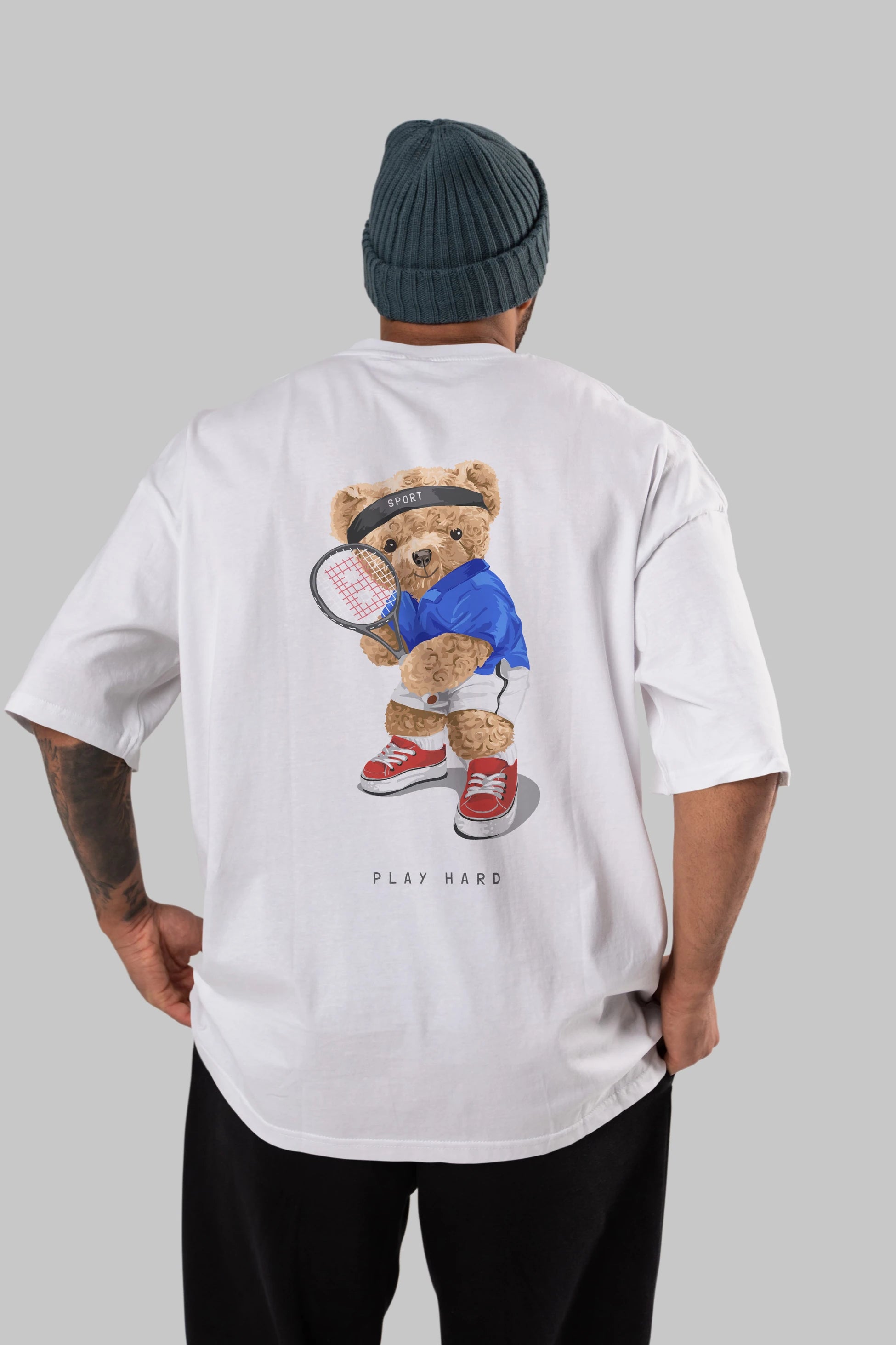 Teddy Bear Play Hard Arka Baskılı Oversize t-shirt Erkek Kadın Unisex %100 Pamuk