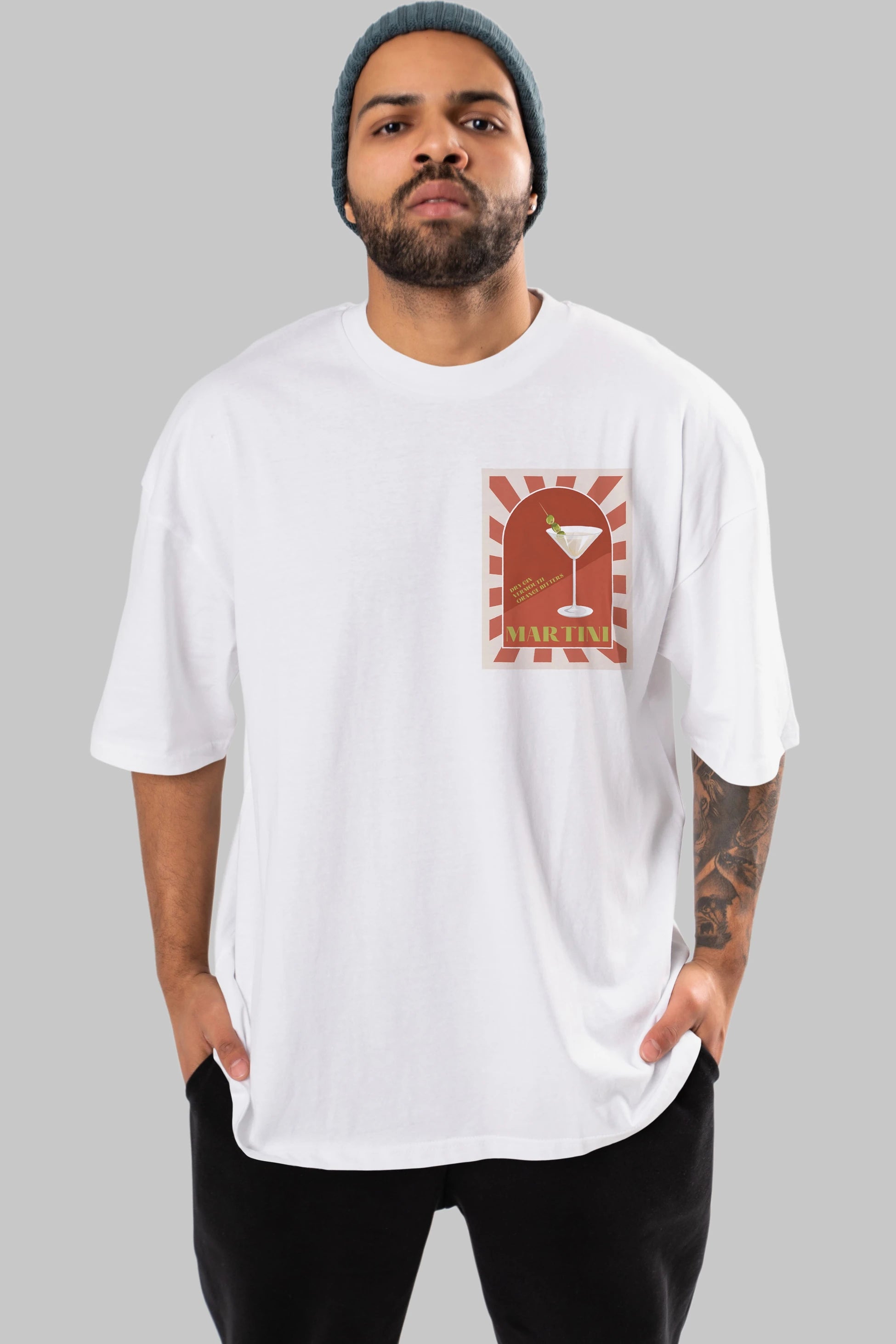 Martini 2 Ön Sol Baskılı Oversize t-shirt Erkek Kadın Unisex %100 Pamuk Bisiklet Yaka tişort