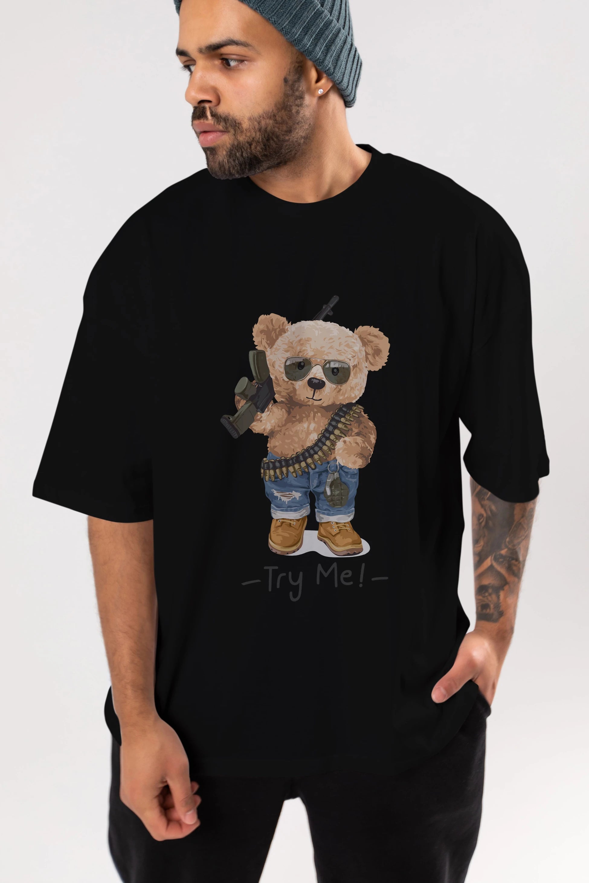 Teddy Bear Try Me Ön Baskılı Oversize t-shirt Erkek Kadın Unisex %100 Pamuk