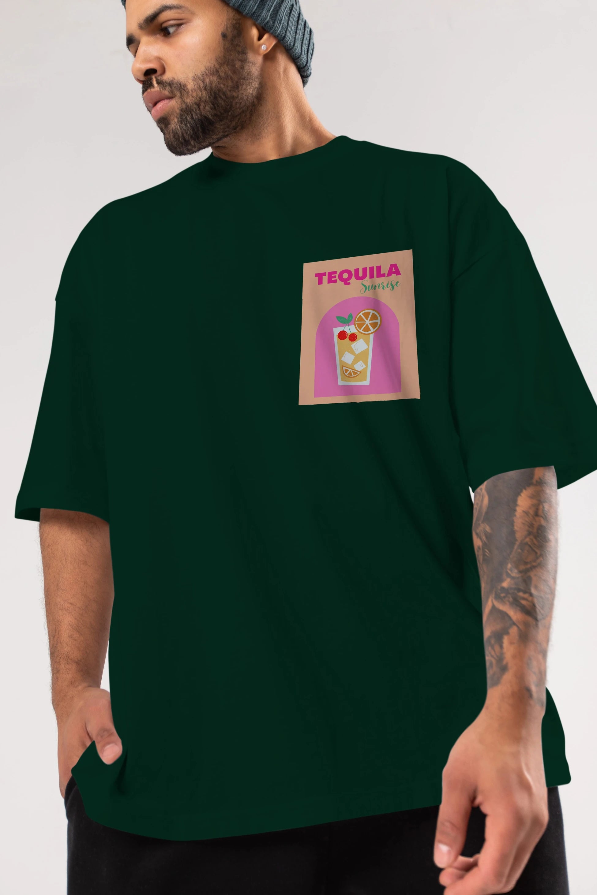 Tequila Sunrise 2 Ön Sol Baskılı Oversize t-shirt Erkek Kadın Unisex %100 Pamuk Bisiklet Yaka tişort