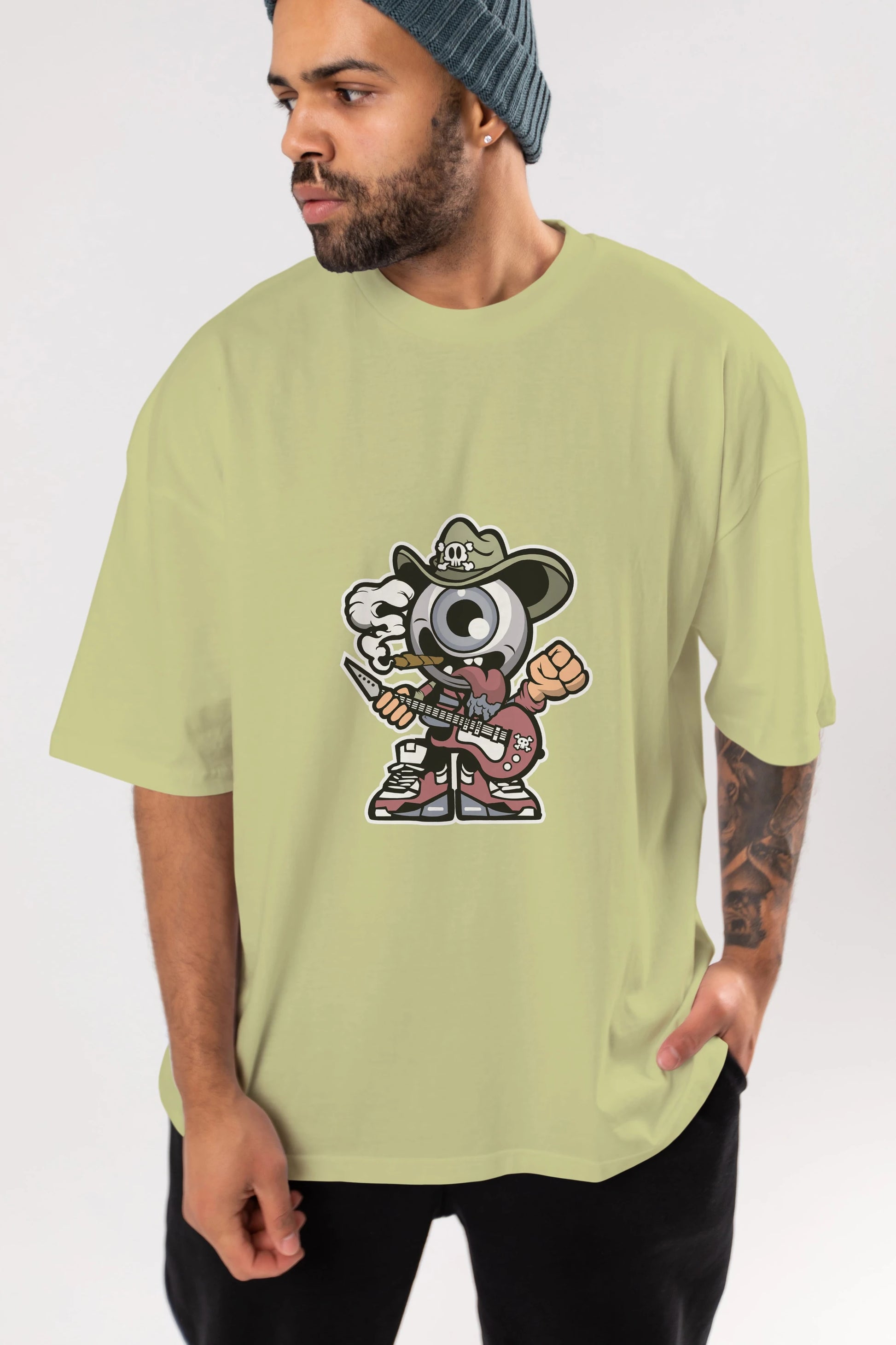 Eyeball Rockstar Cowboy Ön Baskılı Oversize t-shirt Erkek Kadın Unisex %100 Pamuk tişort