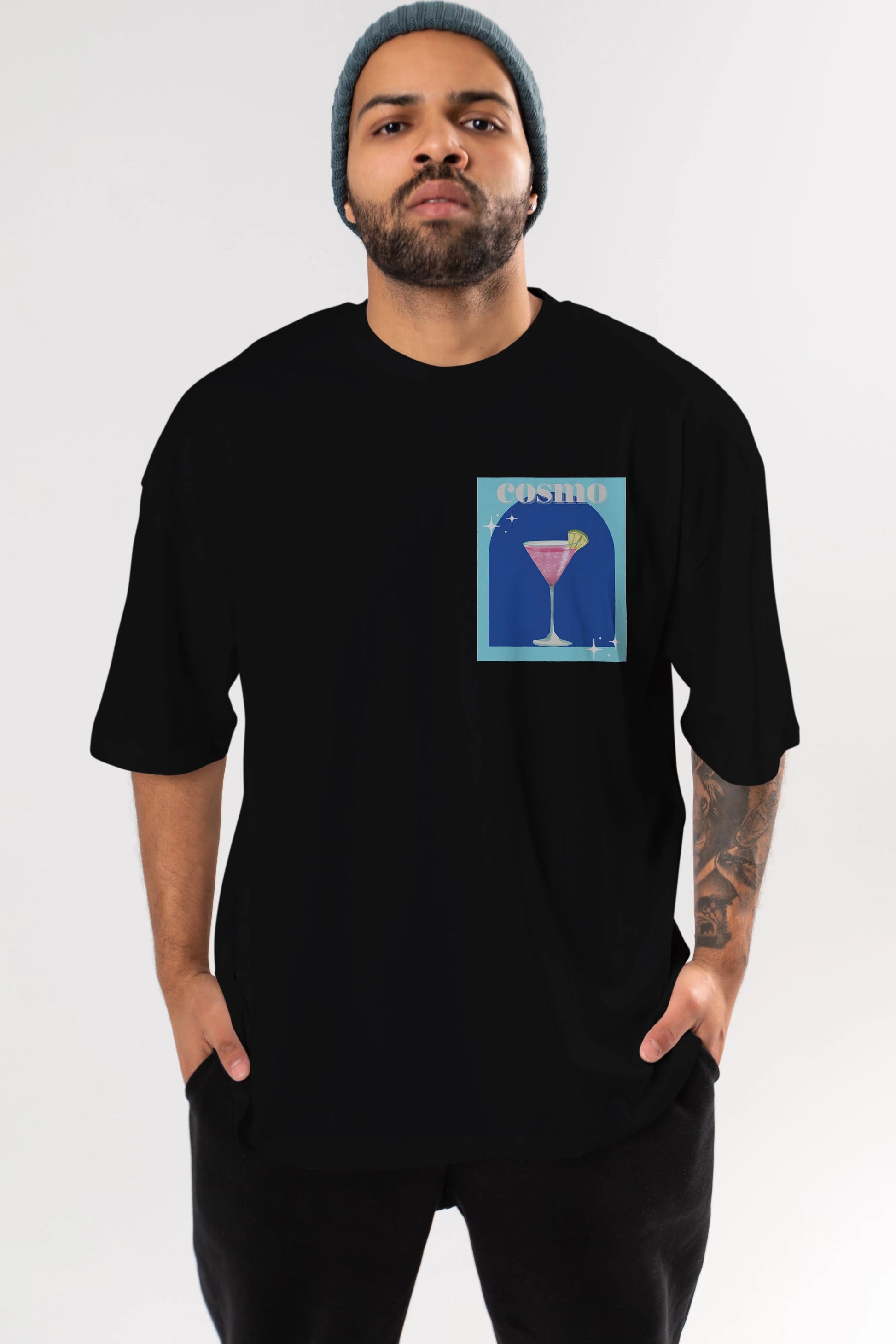 Cosmopolitan 2 Ön Sol Baskılı Oversize t-shirt Erkek Kadın Unisex %100 Pamuk Bisiklet Yaka tişort