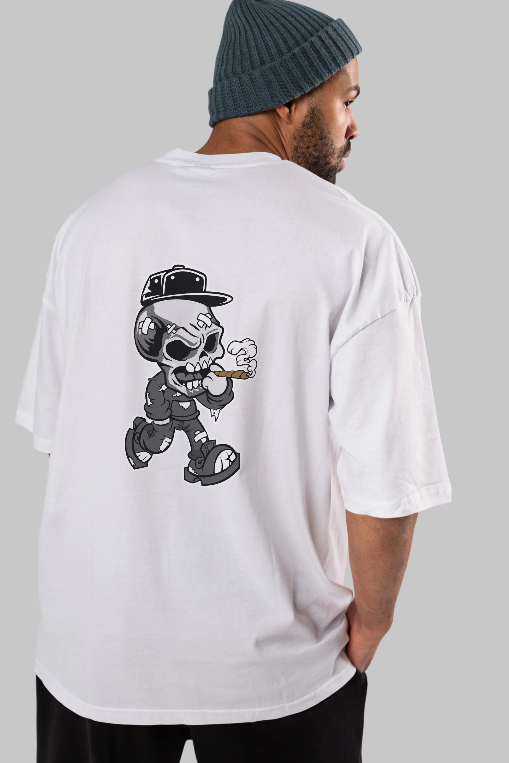 Skull Smoker Arka Baskılı Oversize t-shirt Erkek Kadın Unisex %100 Pamuk tişort