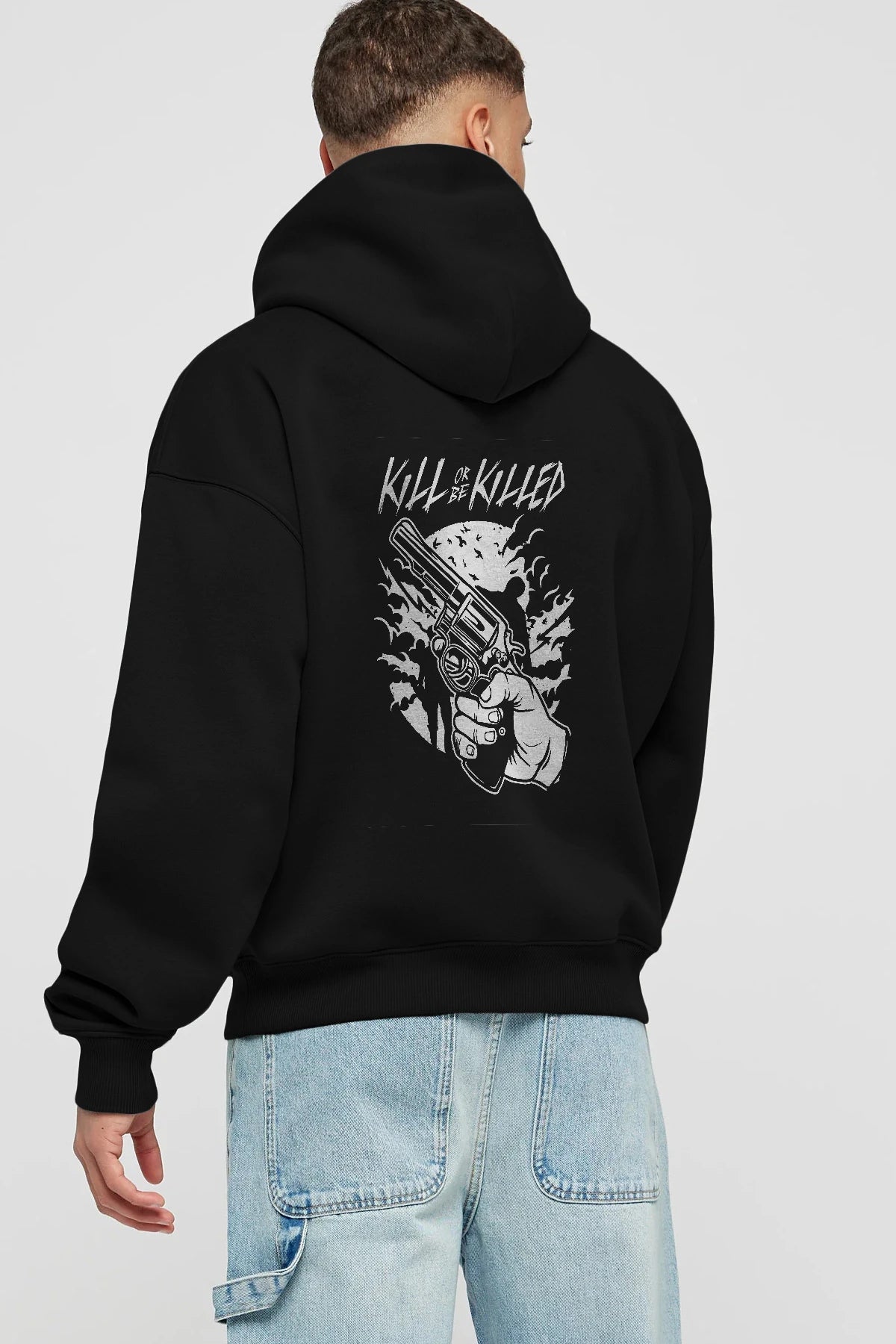 Zombie Shooter Arka Baskılı Hoodie Oversize Kapüşonlu Sweatshirt Erkek Kadın Unisex