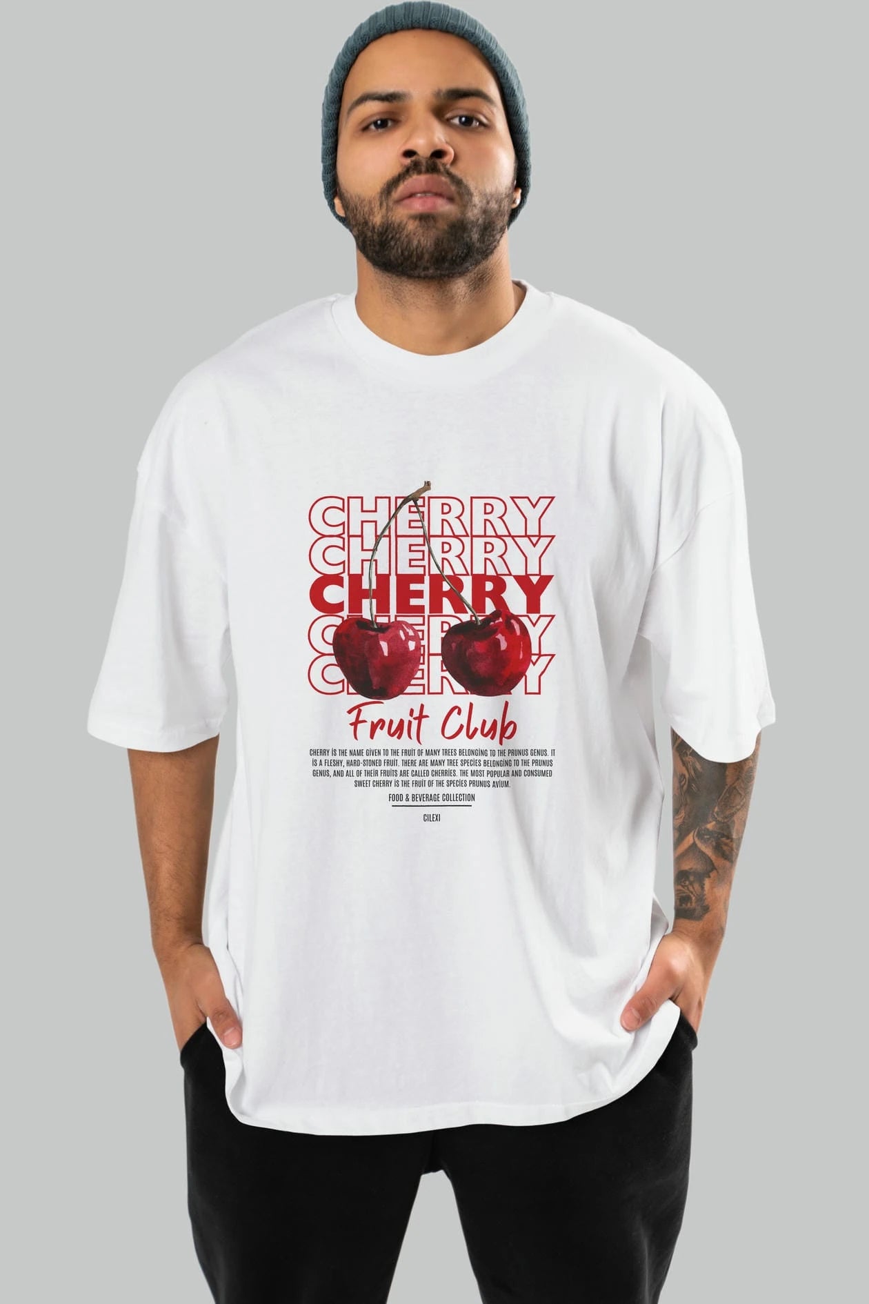 Cherry Ön Baskılı Oversize t-shirt Erkek Kadın Pamuk Bisiklet Yaka tişort