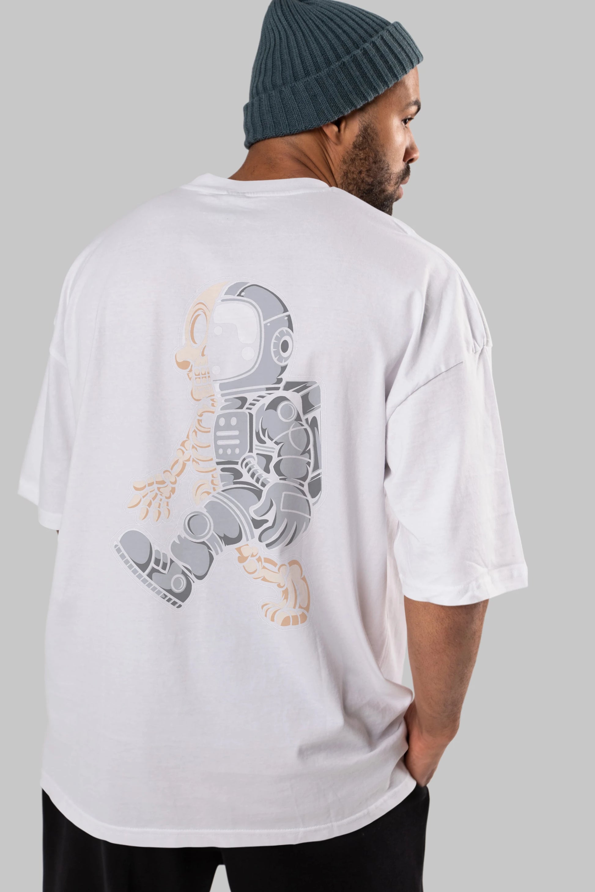 Astronaut Half Skull Arka Baskılı Oversize t-shirt Erkek Kadın Unisex