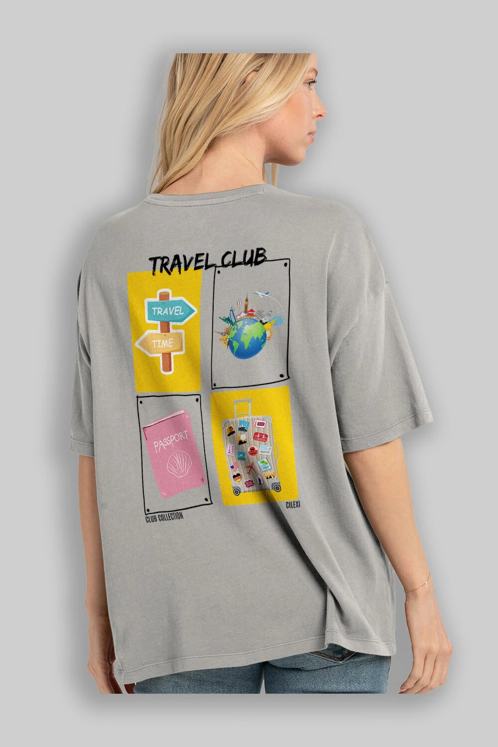Travel Club Arka Baskılı Oversize t-shirt Erkek Kadın %100 Pamuk Bisiklet Yaka tişort